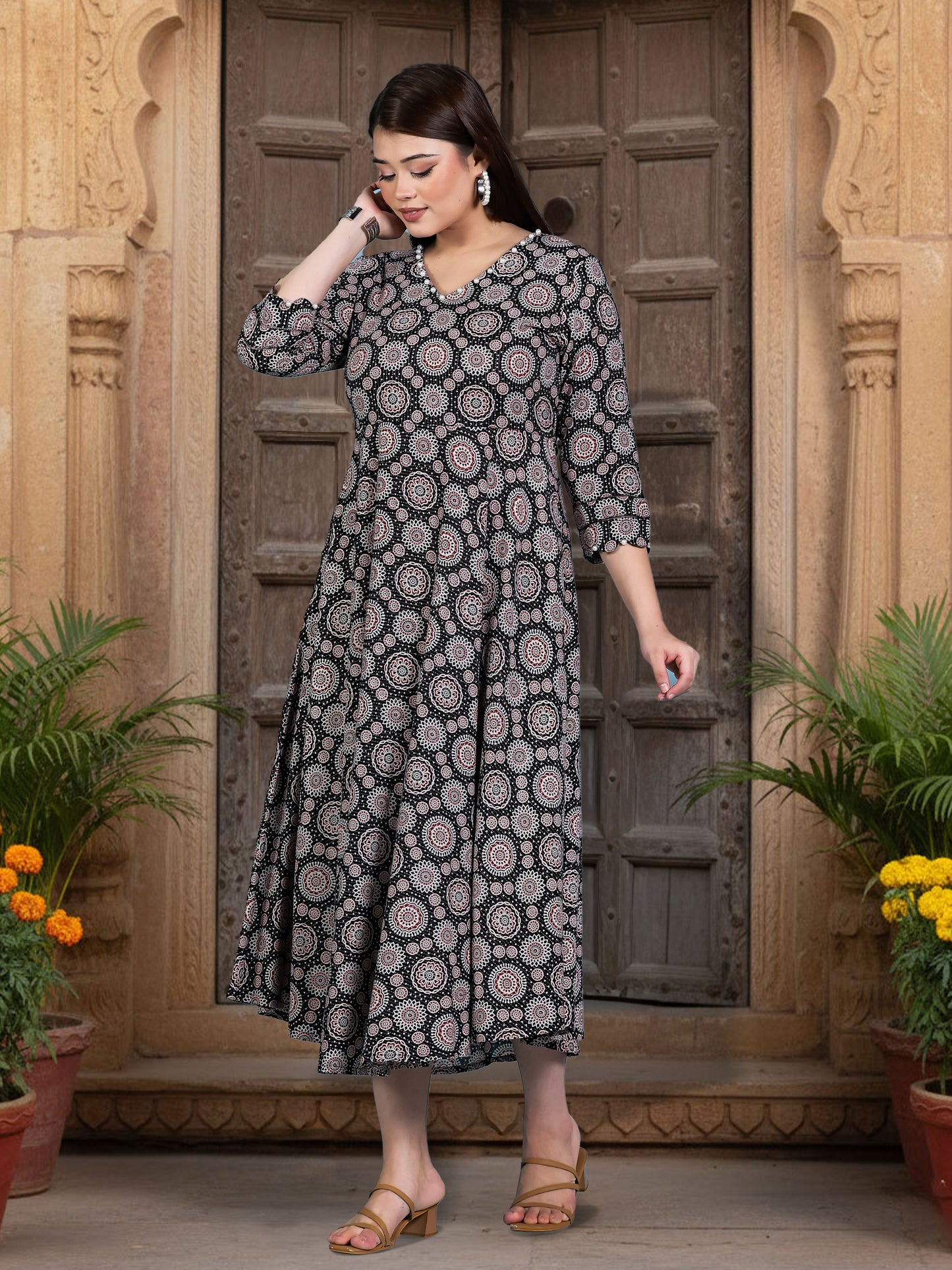 Kantha Cotton Geometric Anarkali Black Dress