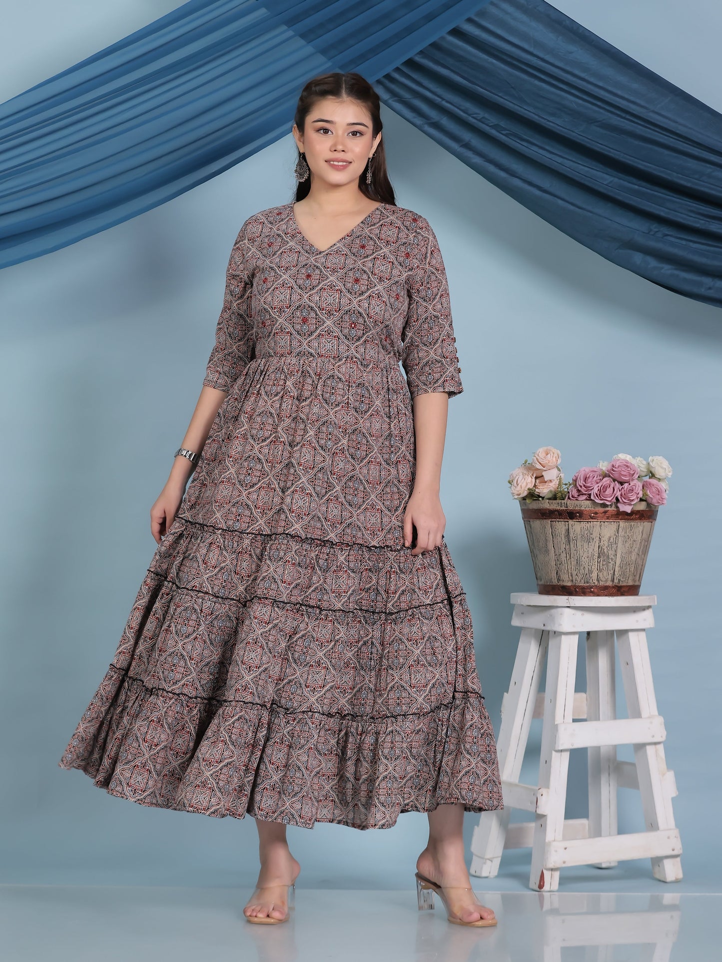 Embroidered Kantha Cotton Geometric Anarkali Black Dress