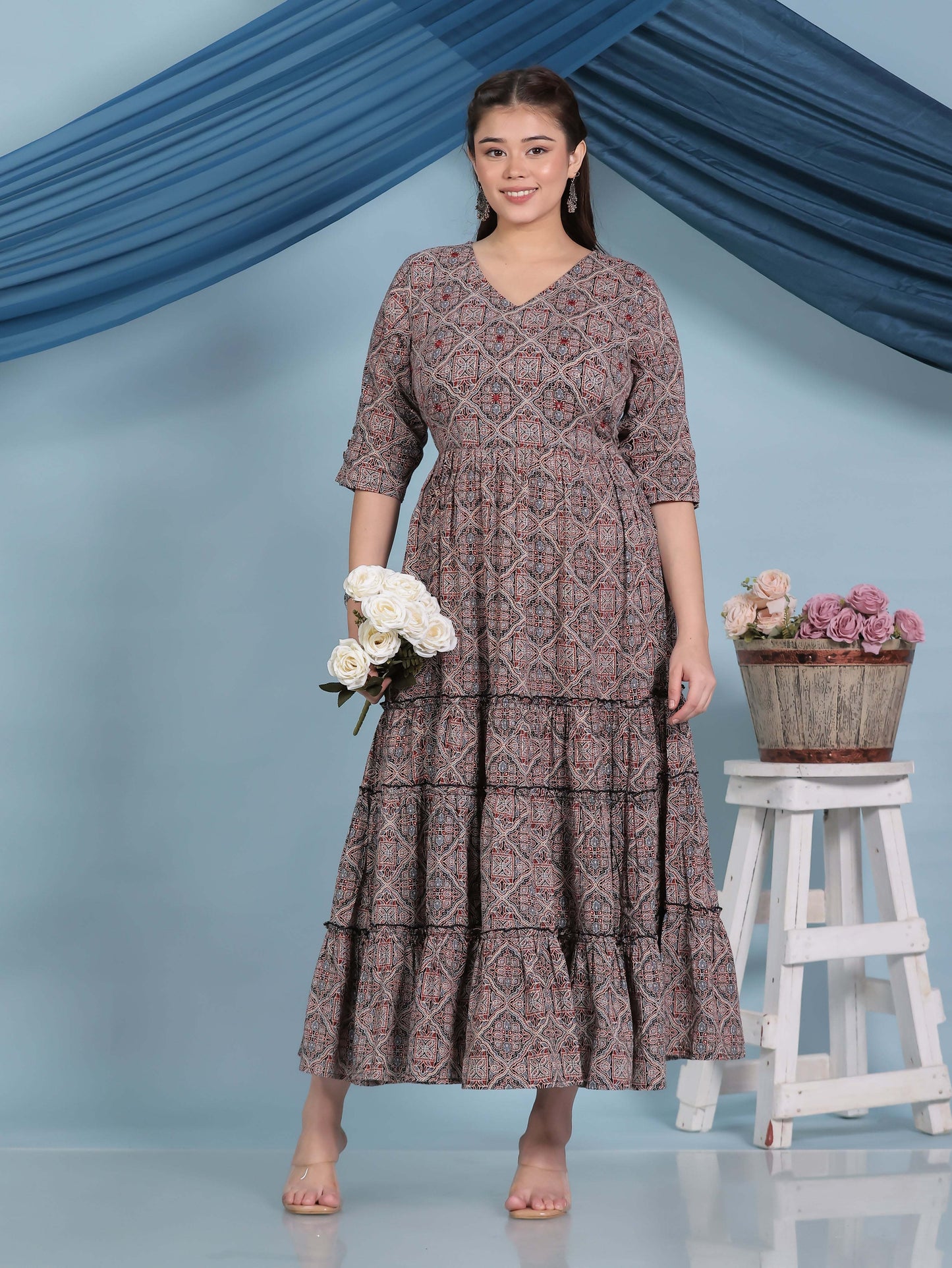 Embroidered Kantha Cotton Geometric Anarkali Black Dress