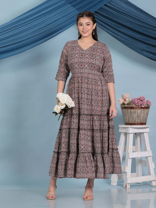 Embroidered Kantha Cotton Geometric Anarkali Black Dress