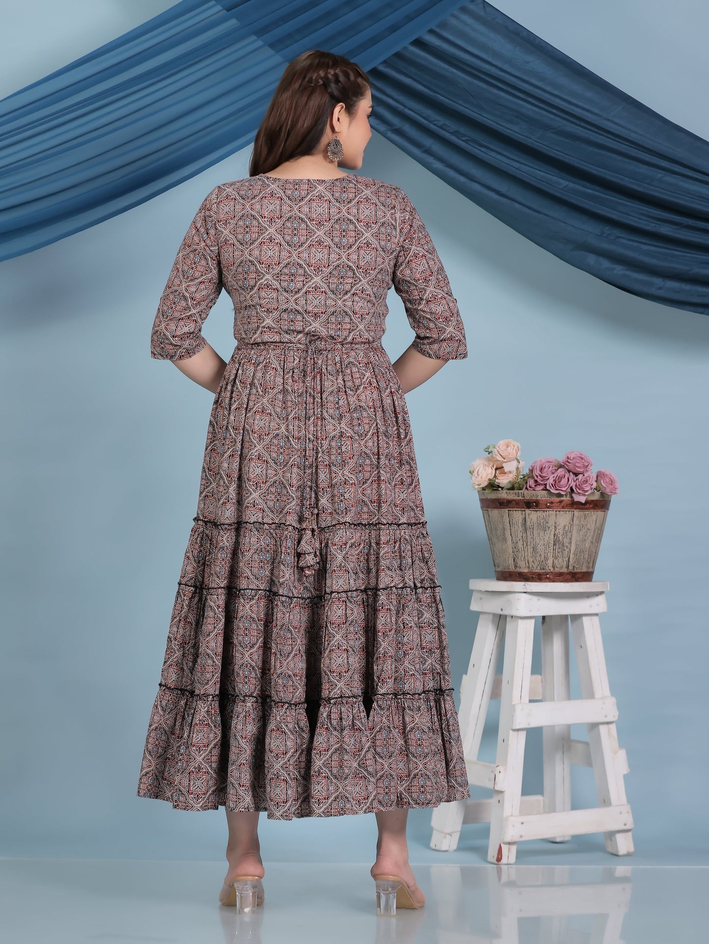 Embroidered Kantha Cotton Geometric Anarkali Black Dress