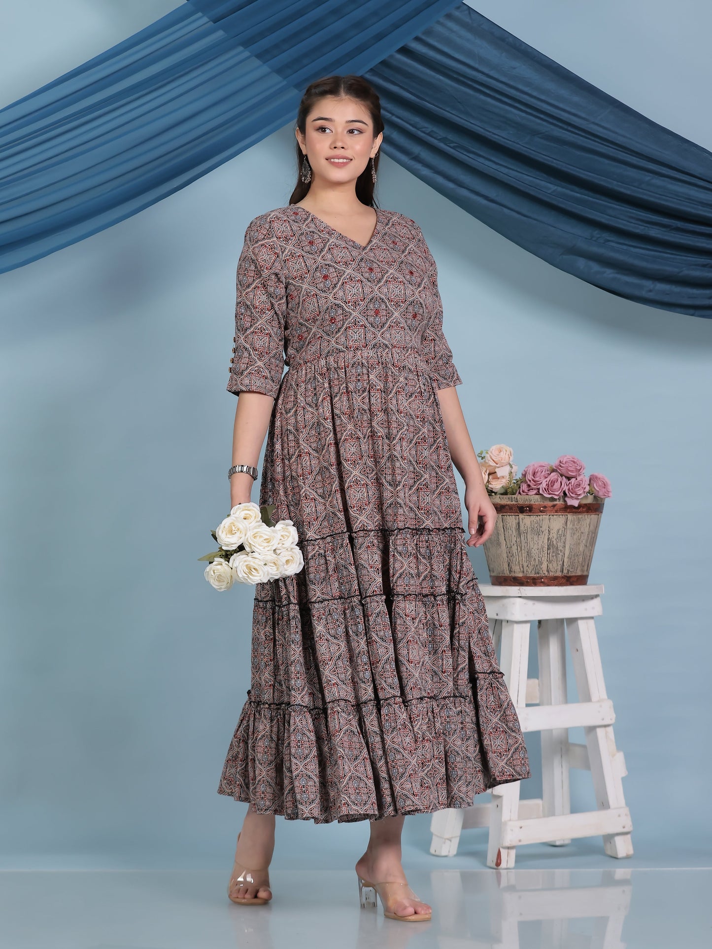 Embroidered Kantha Cotton Geometric Anarkali Black Dress