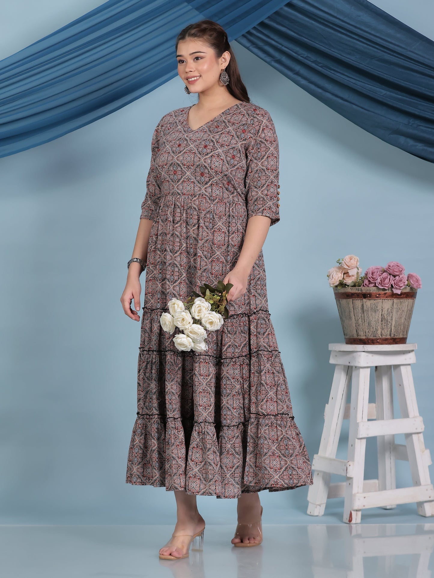 Embroidered Kantha Cotton Geometric Anarkali Black Dress