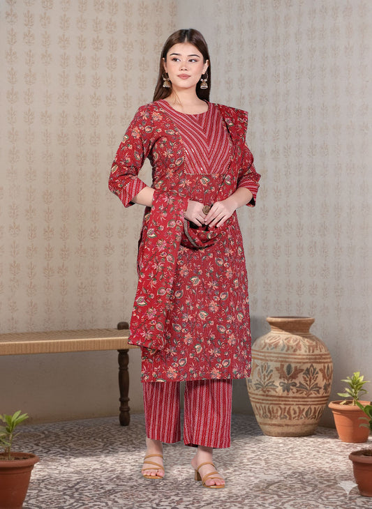 Embroidered Kantha Cotton Bagru Straight Red Kurta