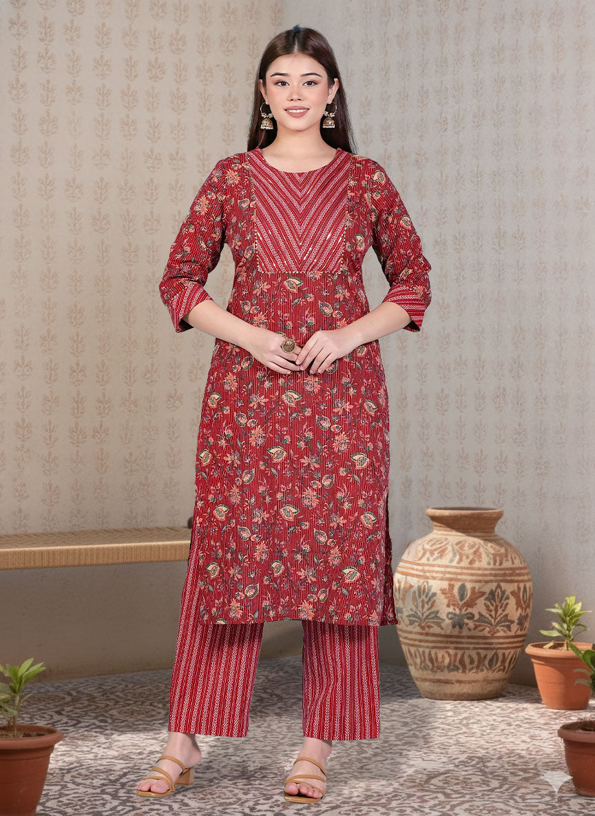 Embroidered Kantha Cotton Bagru Straight Red Kurta