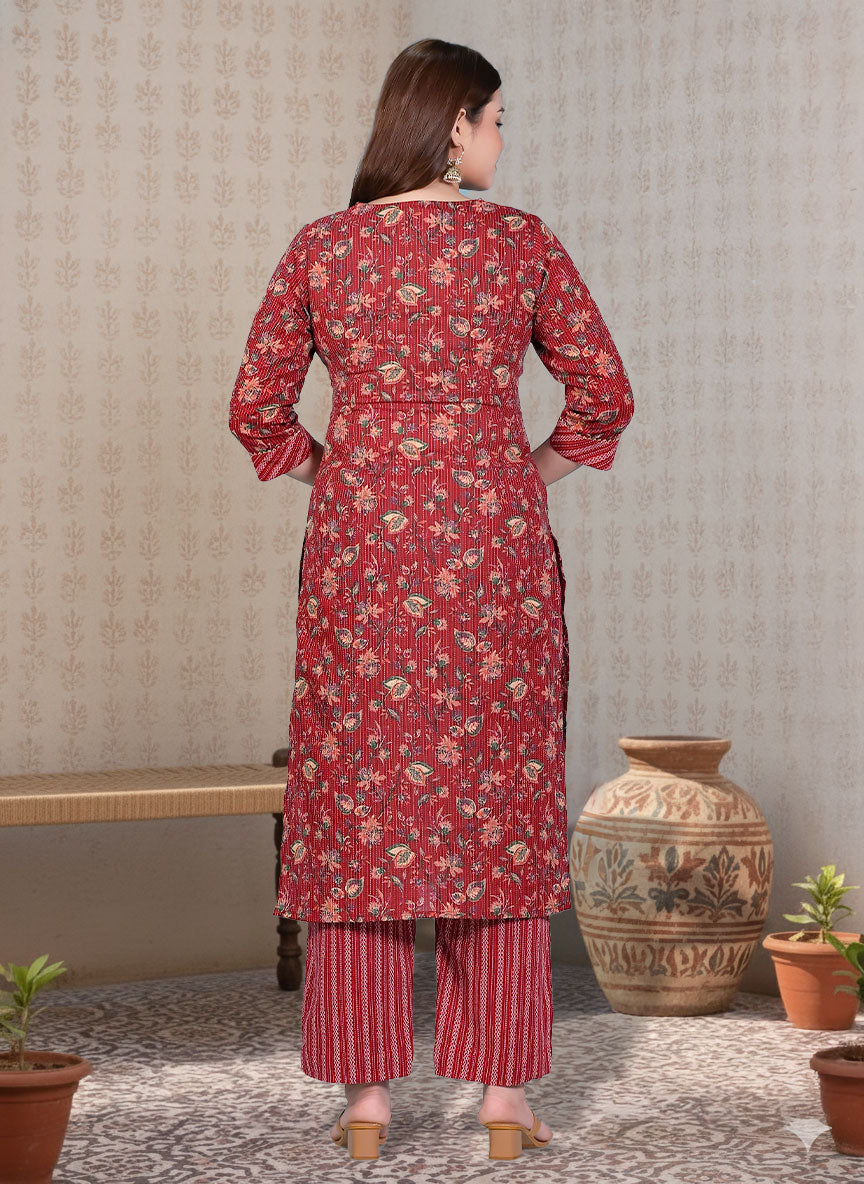Embroidered Kantha Cotton Bagru Straight Red Kurta