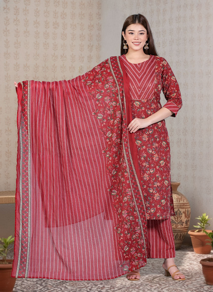 Embroidered Kantha Cotton Bagru Straight Red Kurta