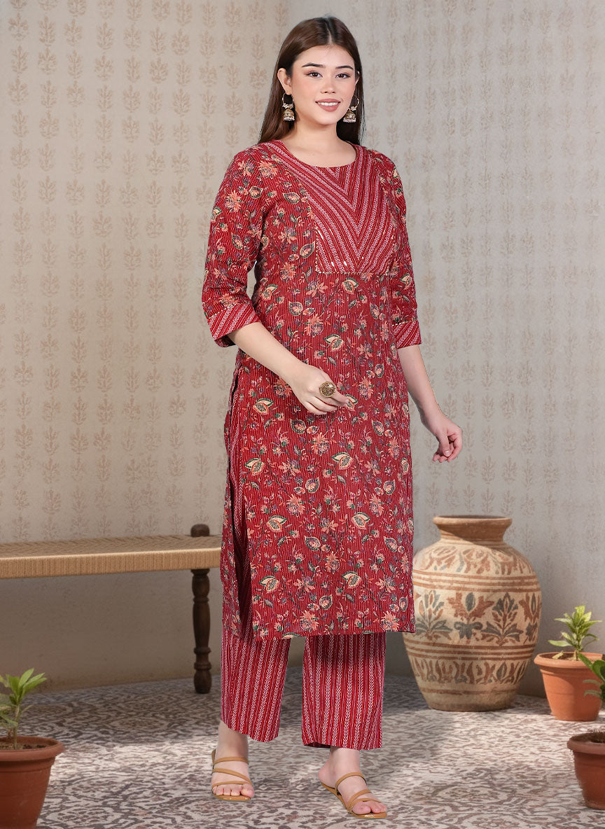 Embroidered Kantha Cotton Bagru Straight Red Kurta