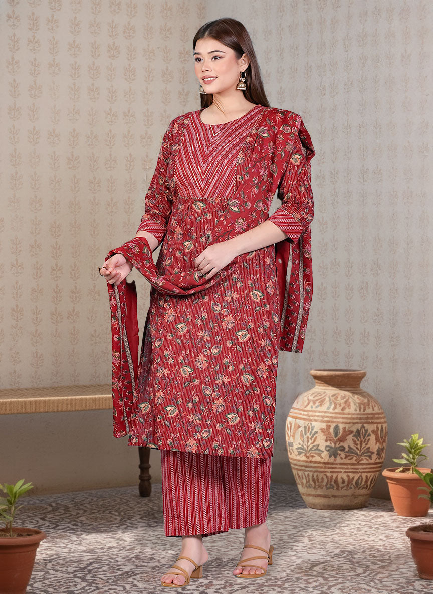 Embroidered Kantha Cotton Bagru Straight Red Kurta