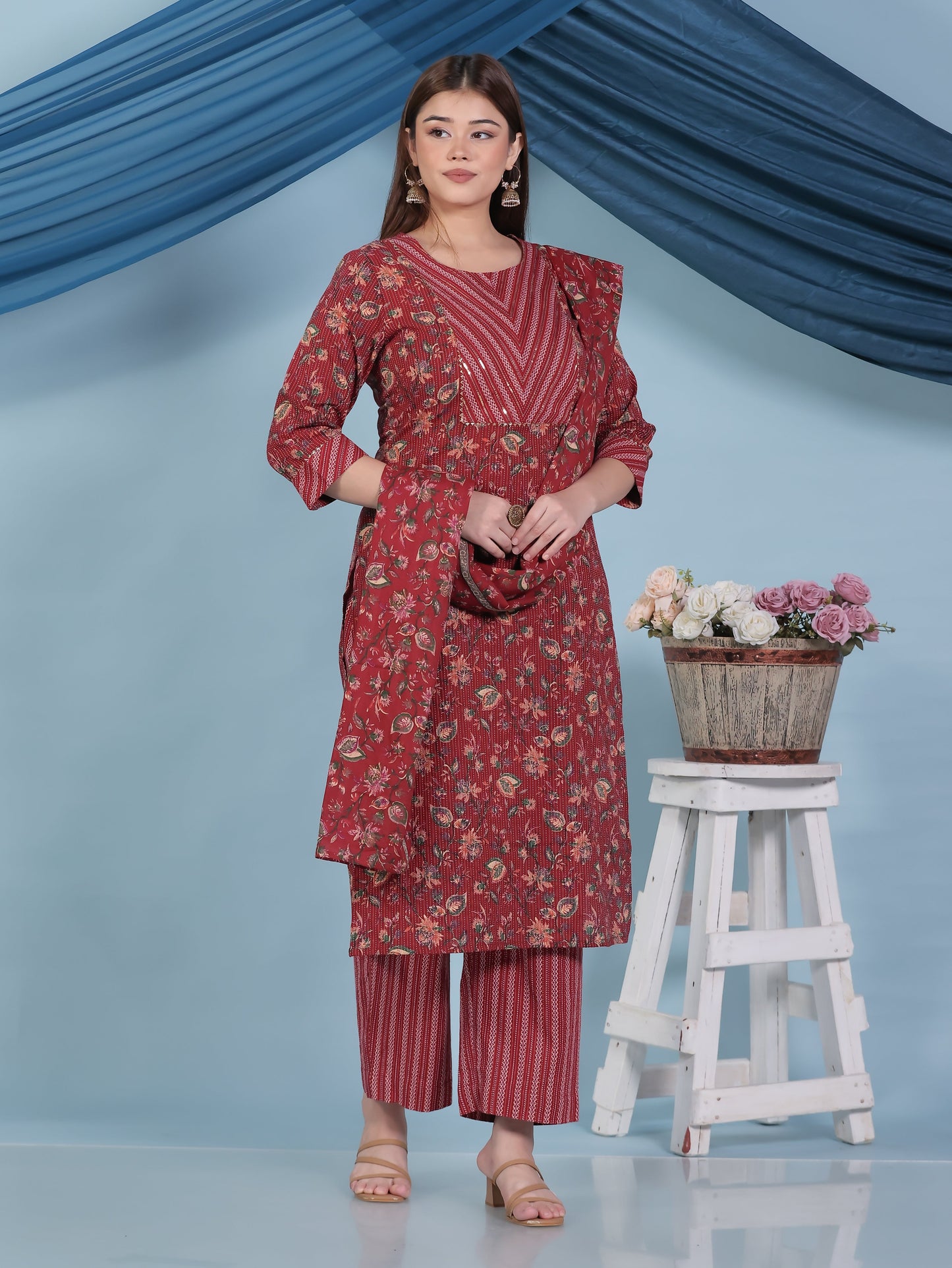 Cotton Voile Border print Red Dupatta