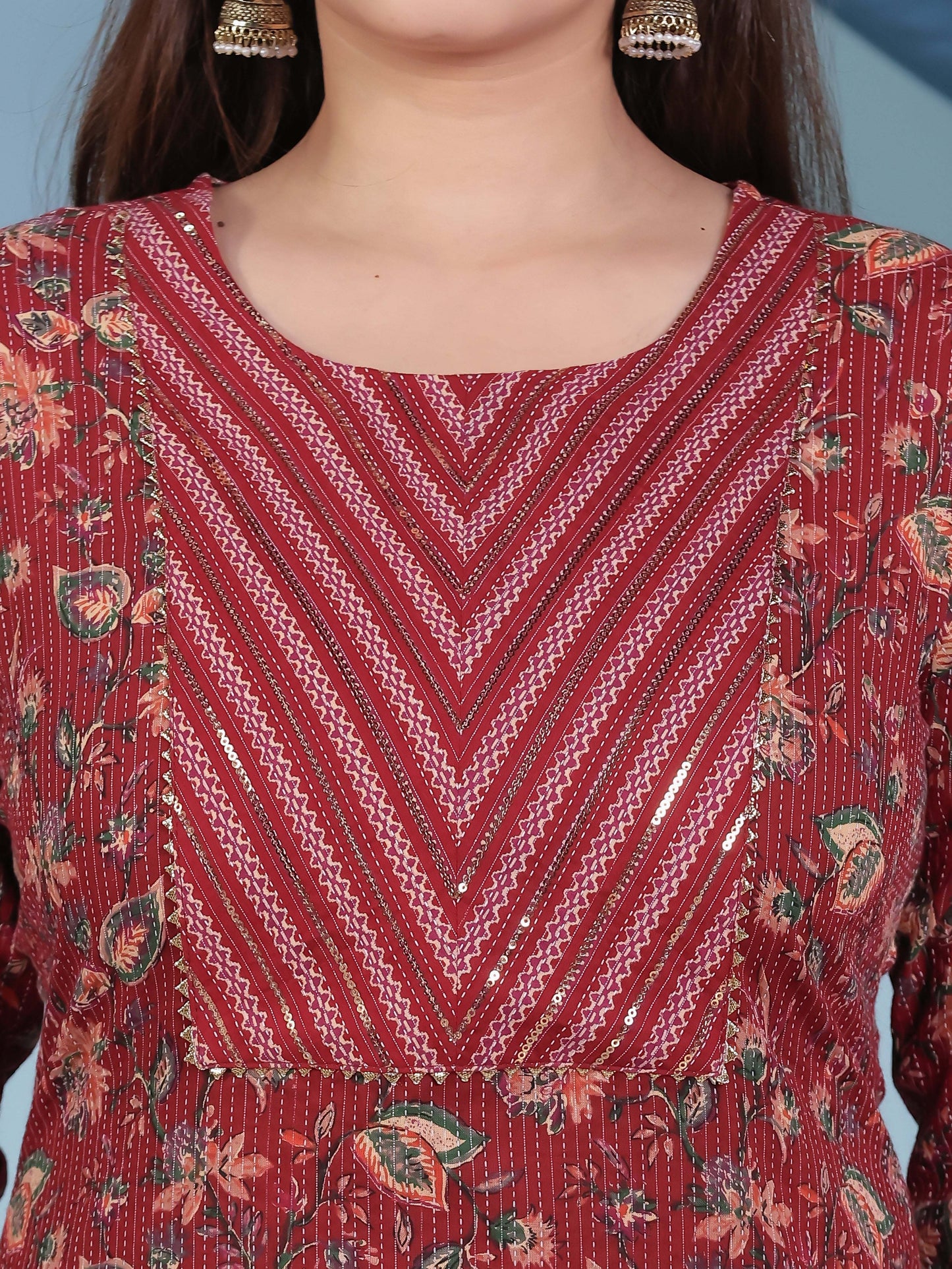 Embroidered Kantha Cotton Bagru Straight Red Kurta