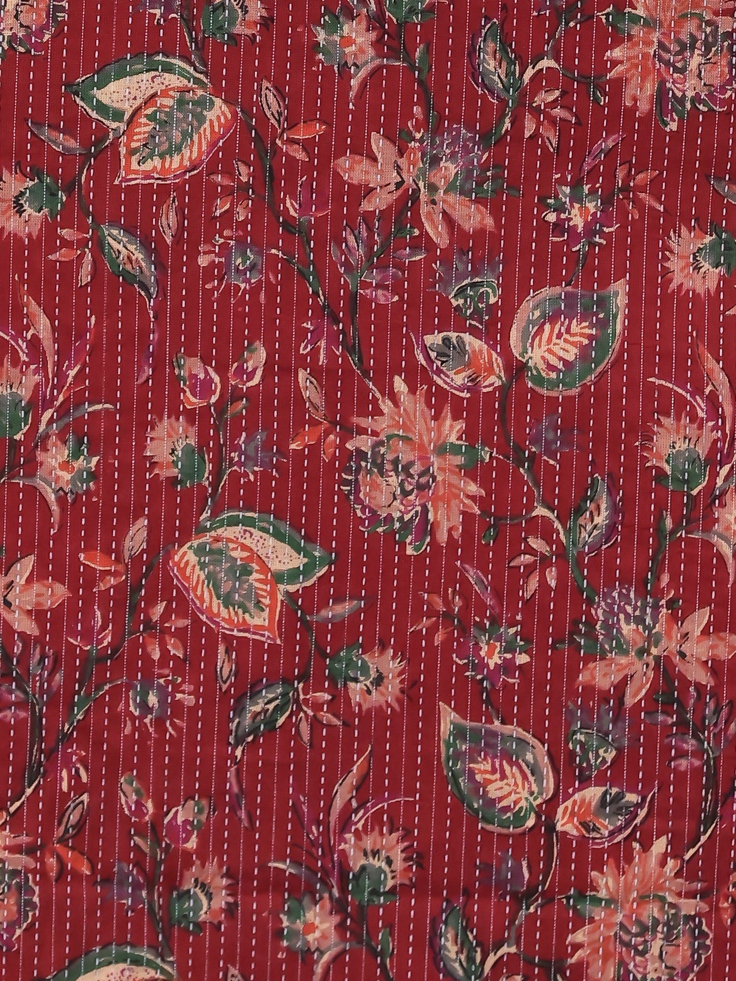 Embroidered Kantha Cotton Bagru Straight Red Kurta