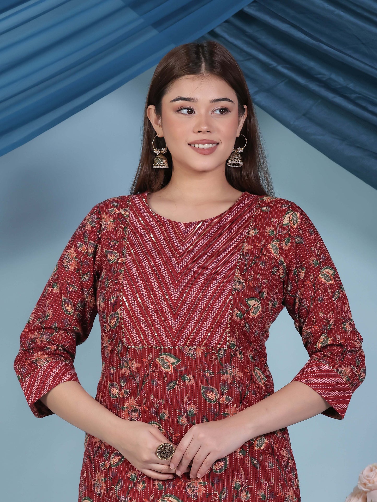 Embroidered Kantha Cotton Bagru Straight Red Kurta
