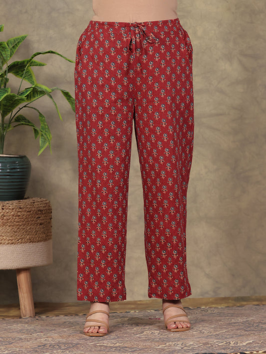 Kantha Cotton Butti Red Straight Trousers