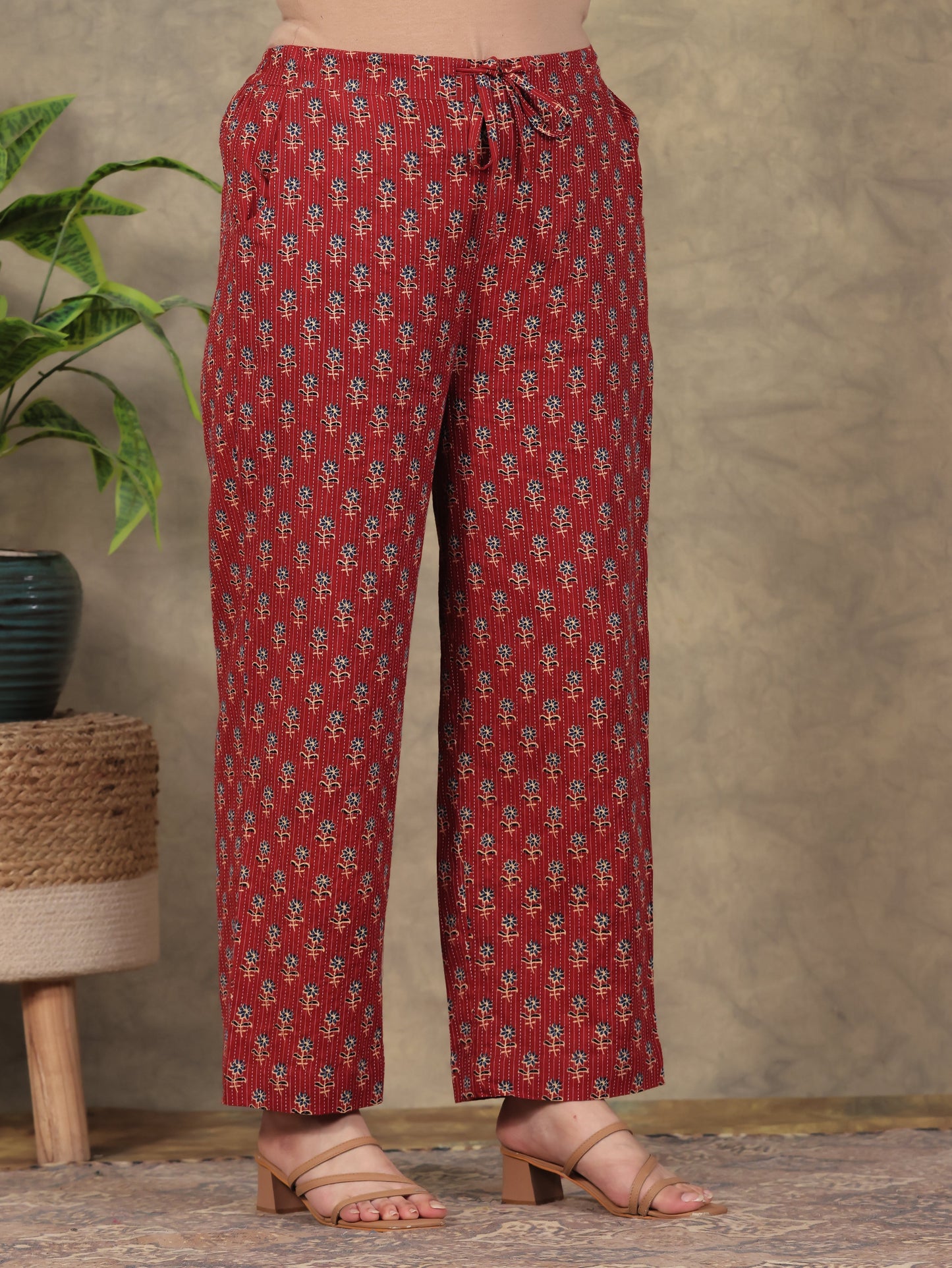 Kantha Cotton Butti Red Straight Trousers