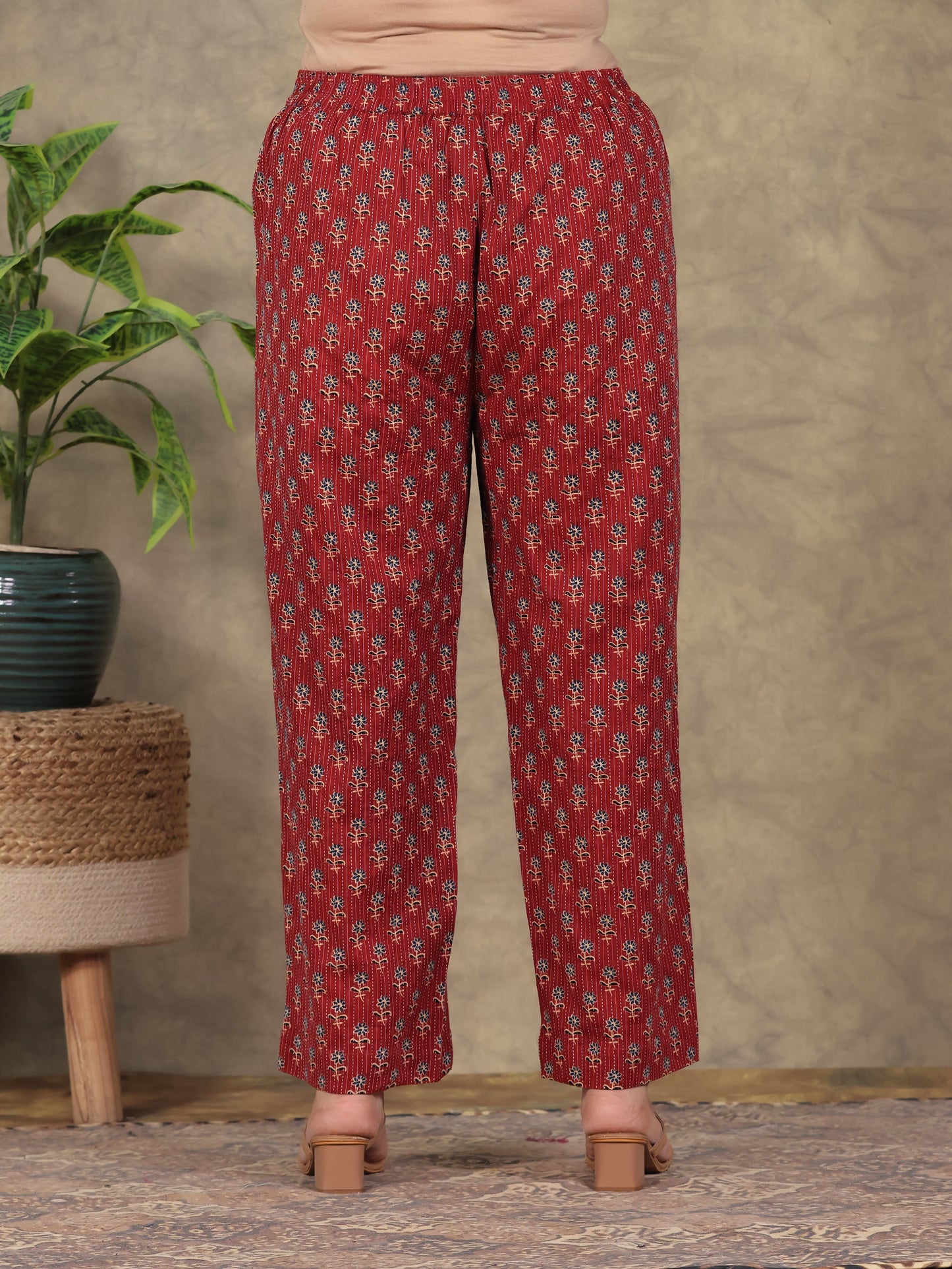 Embroidered Kantha Cotton Floral Flared Red Kurta