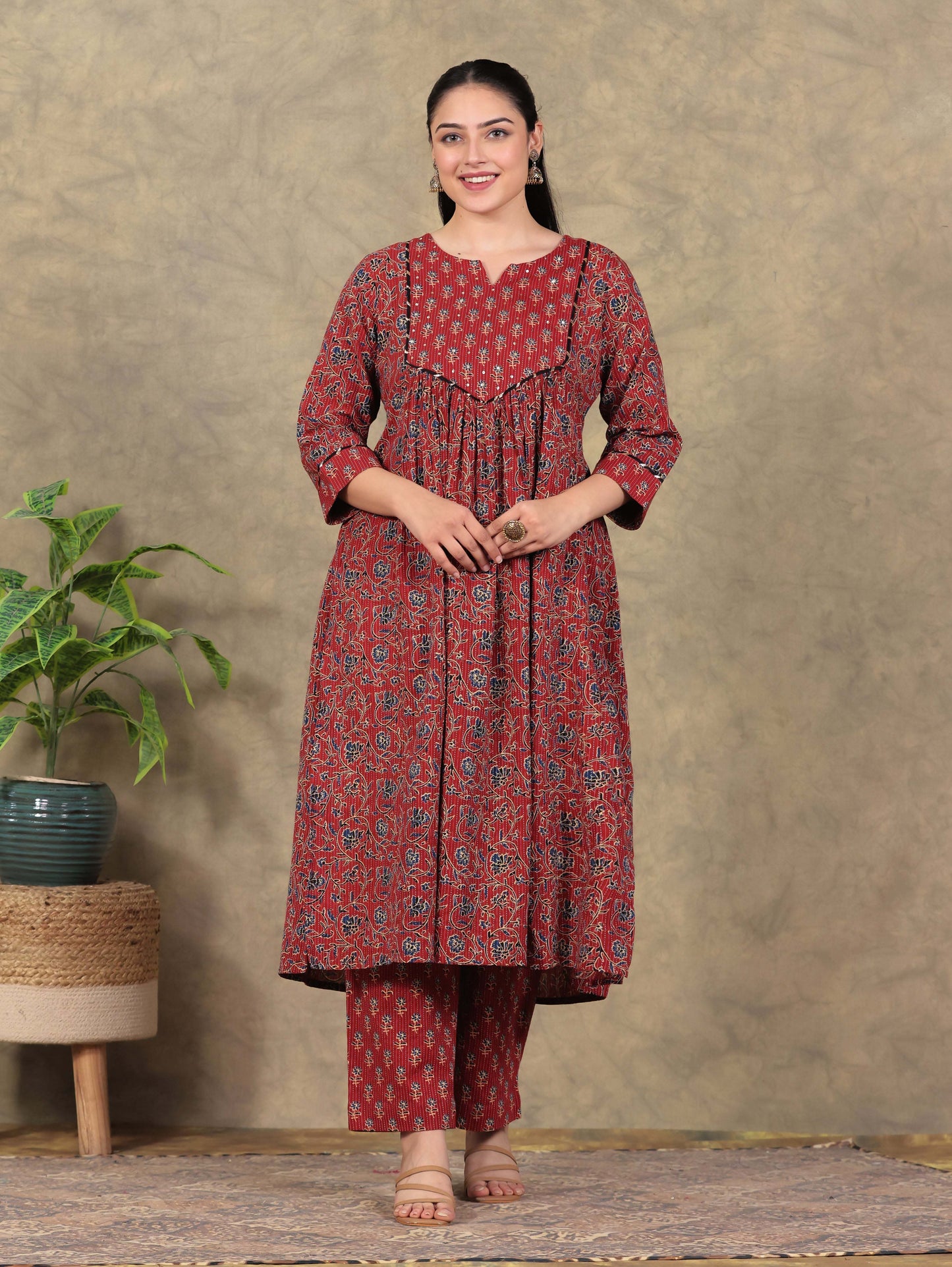 Embroidered Kantha Cotton Floral Flared Red Kurta