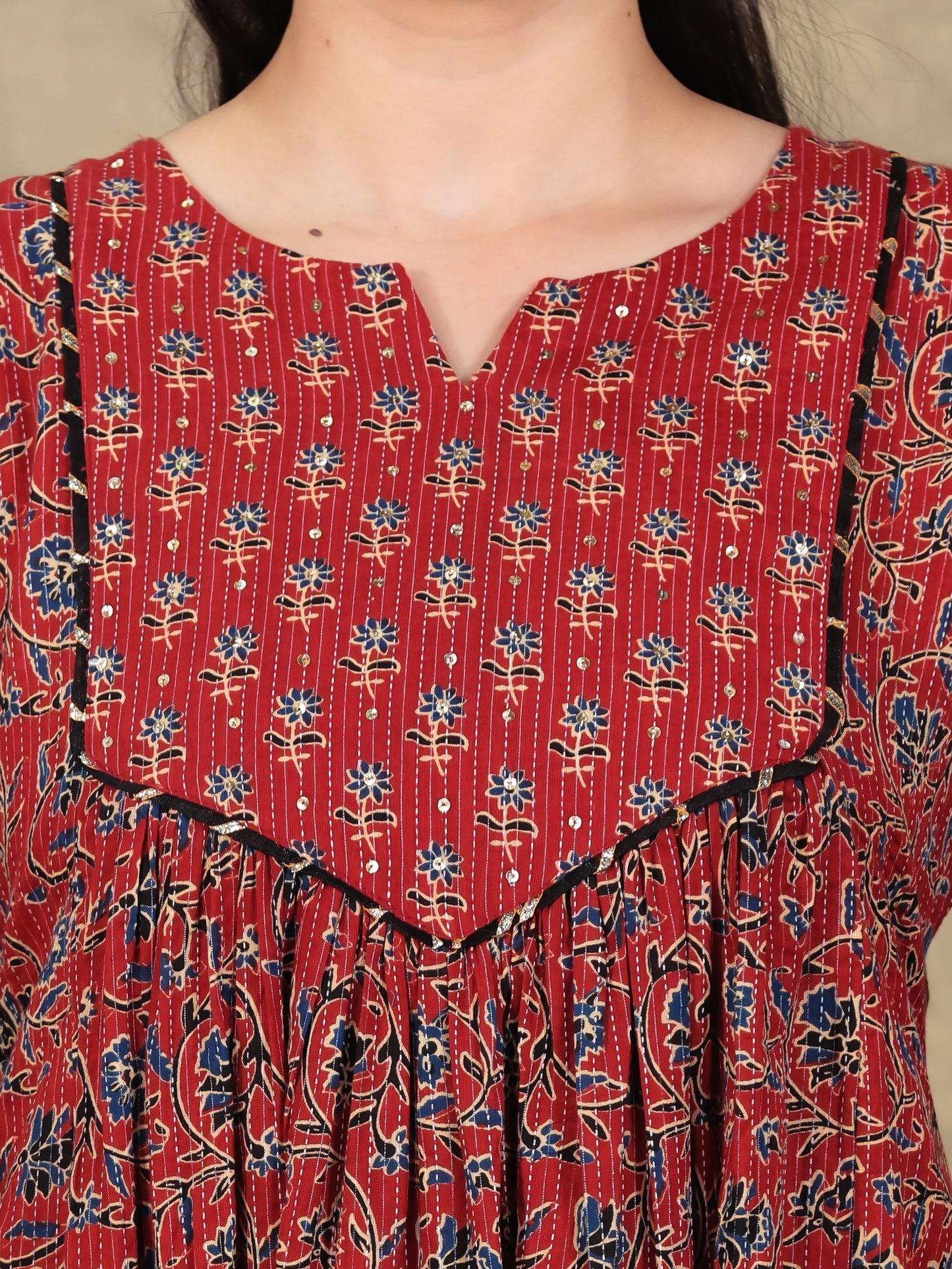 Embroidered Kantha Cotton Floral Flared Red Kurta