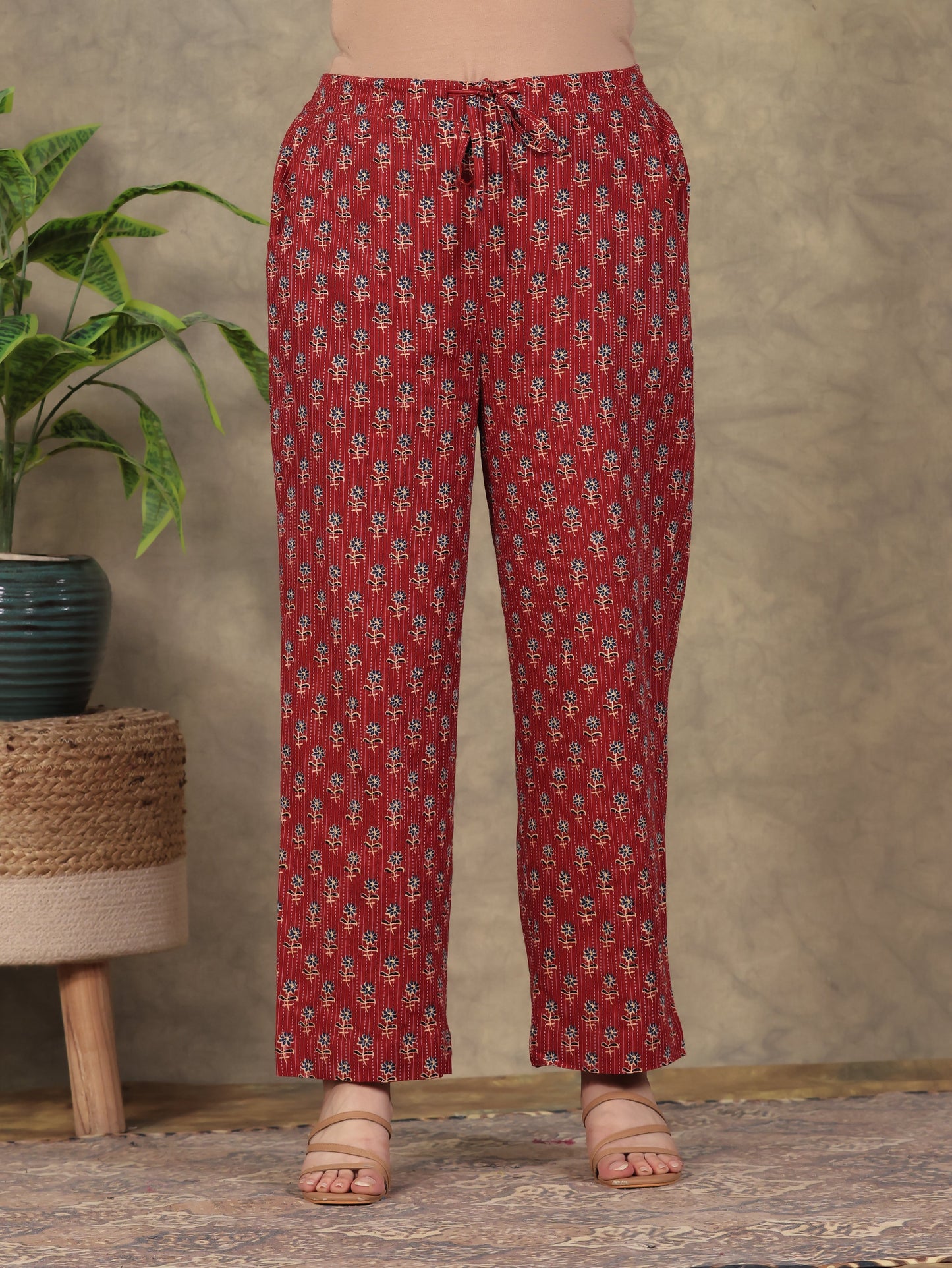 Embroidered Kantha Cotton Floral Flared Red Kurta