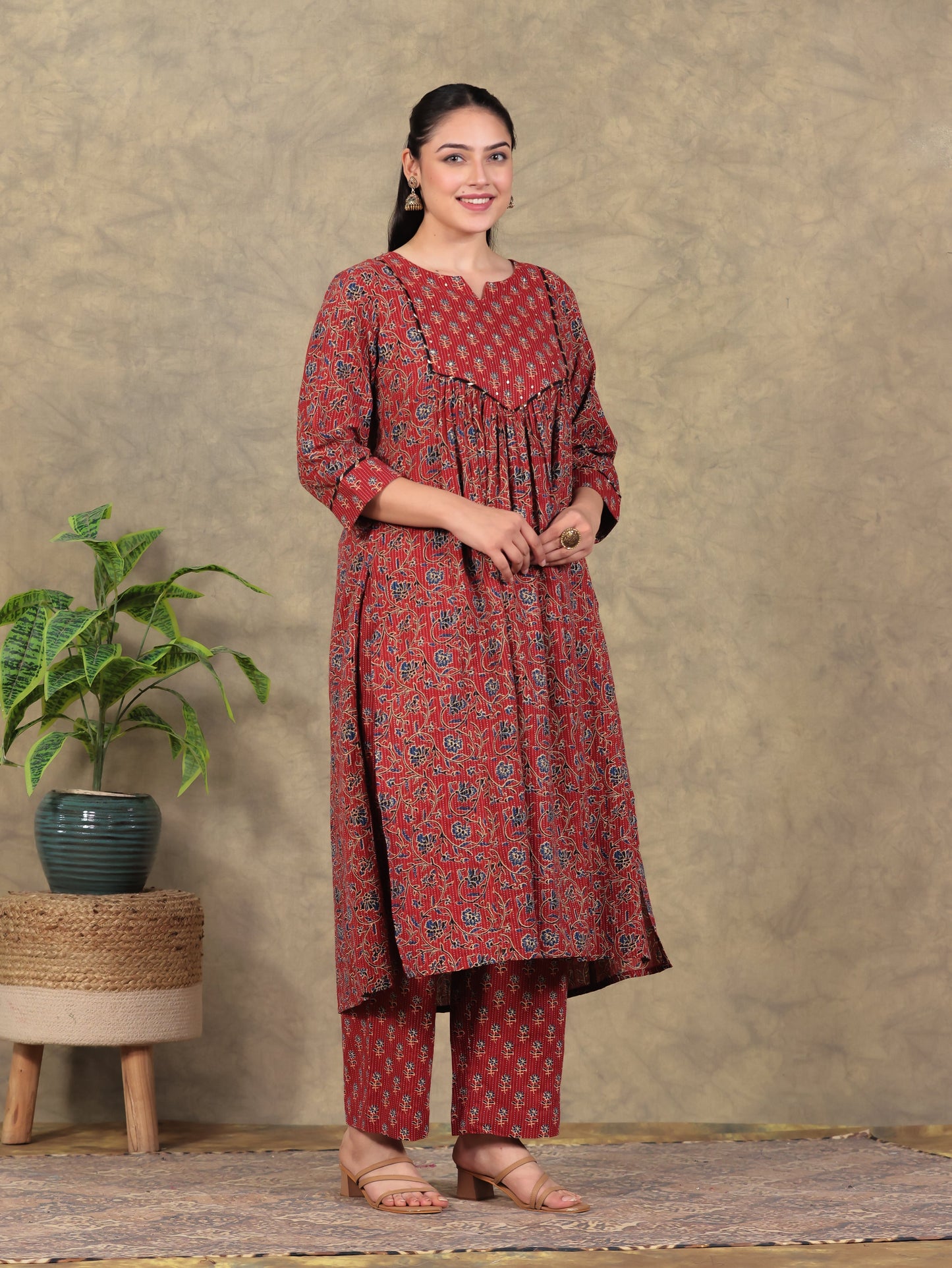 Embroidered Kantha Cotton Floral Flared Red Kurta