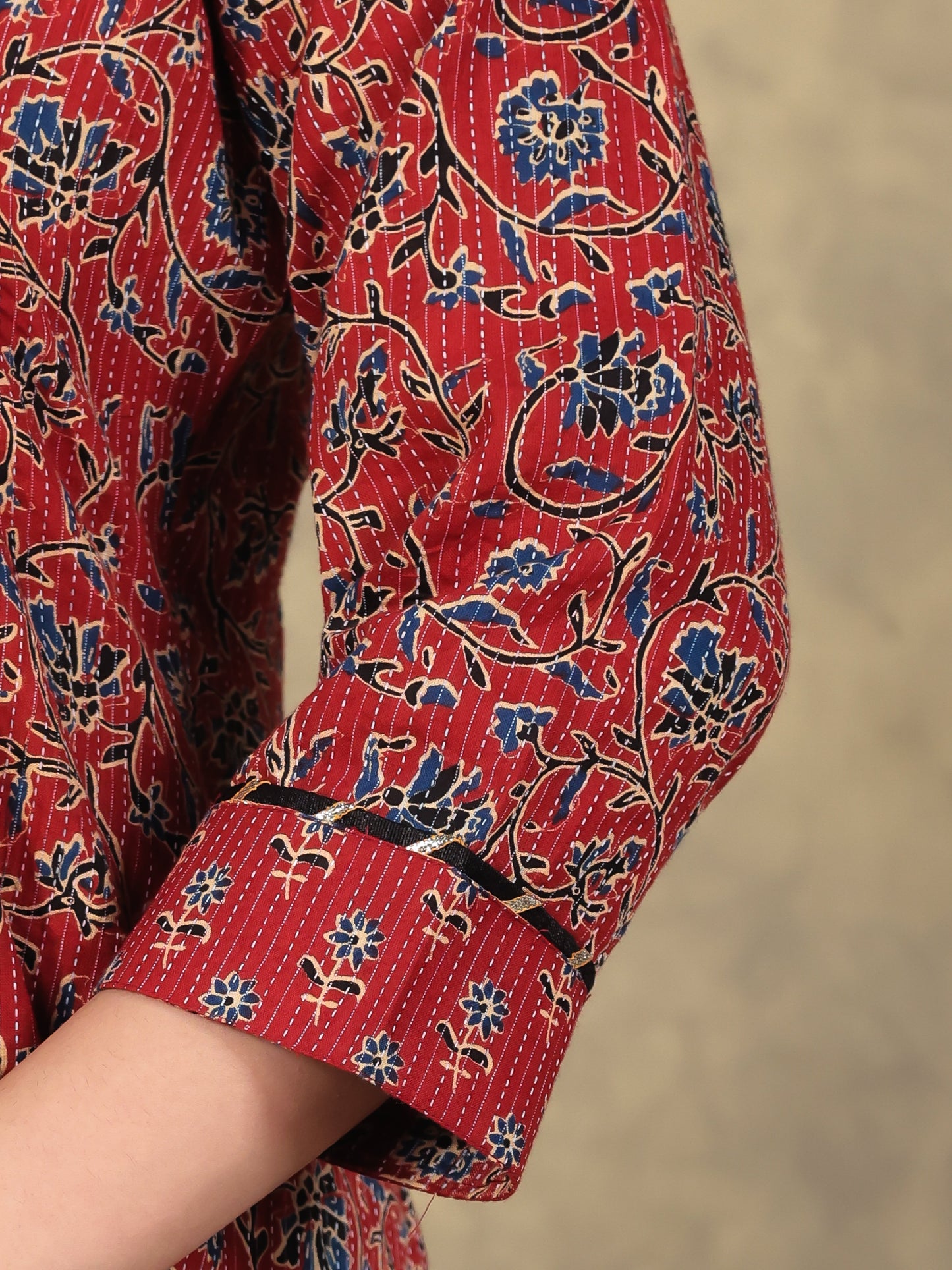 Embroidered Kantha Cotton Floral Flared Red Kurta