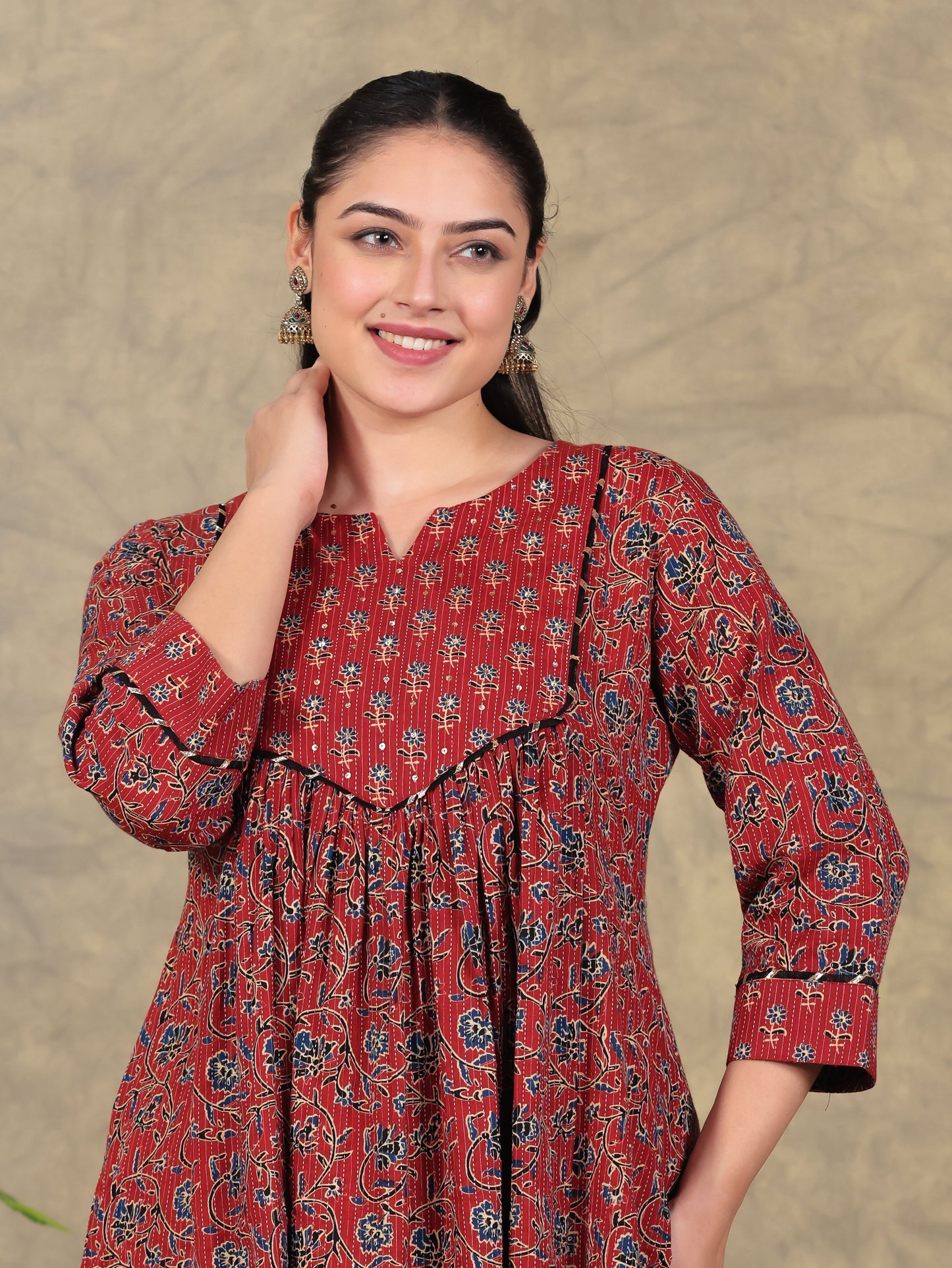 Embroidered Kantha Cotton Floral Flared Red Kurta