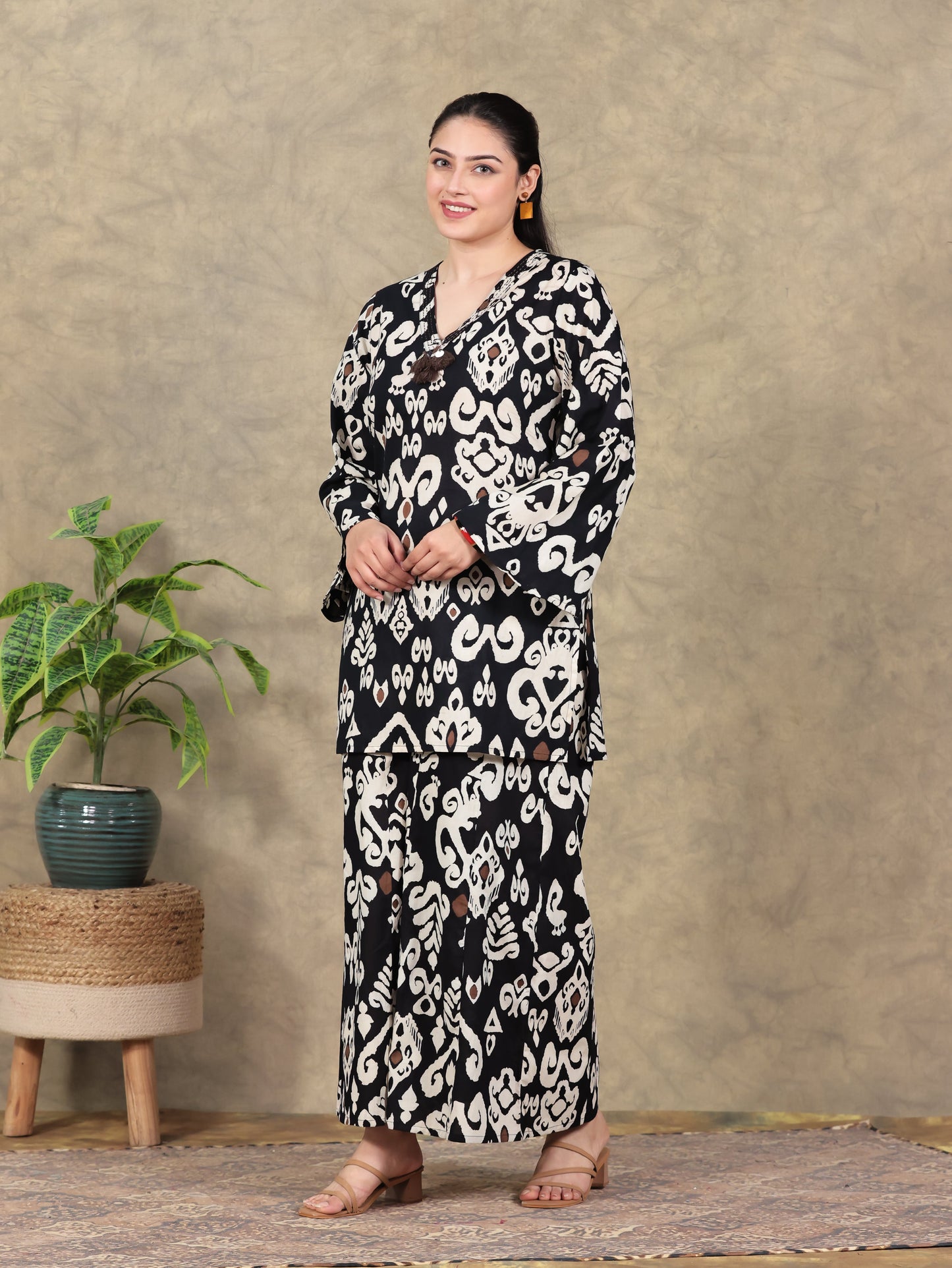 Soft Cotton Ikat Straight Black Kurta