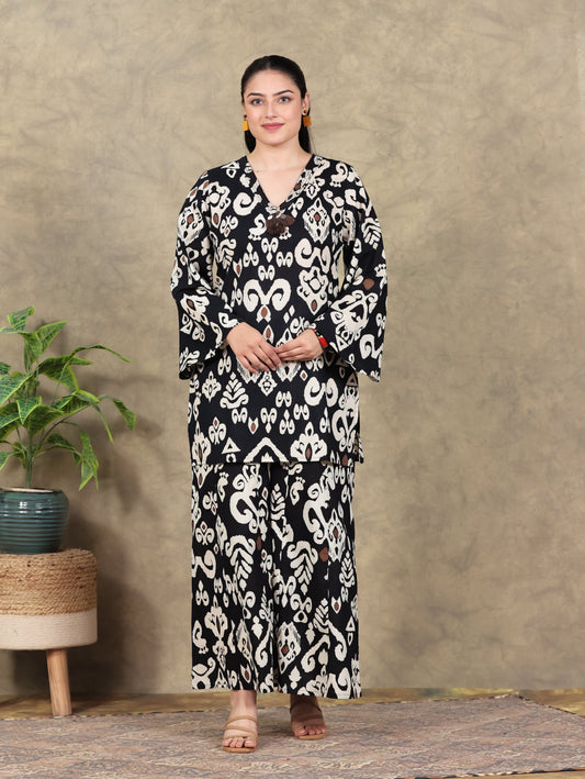 Soft Cotton Ikat Straight Black Kurta