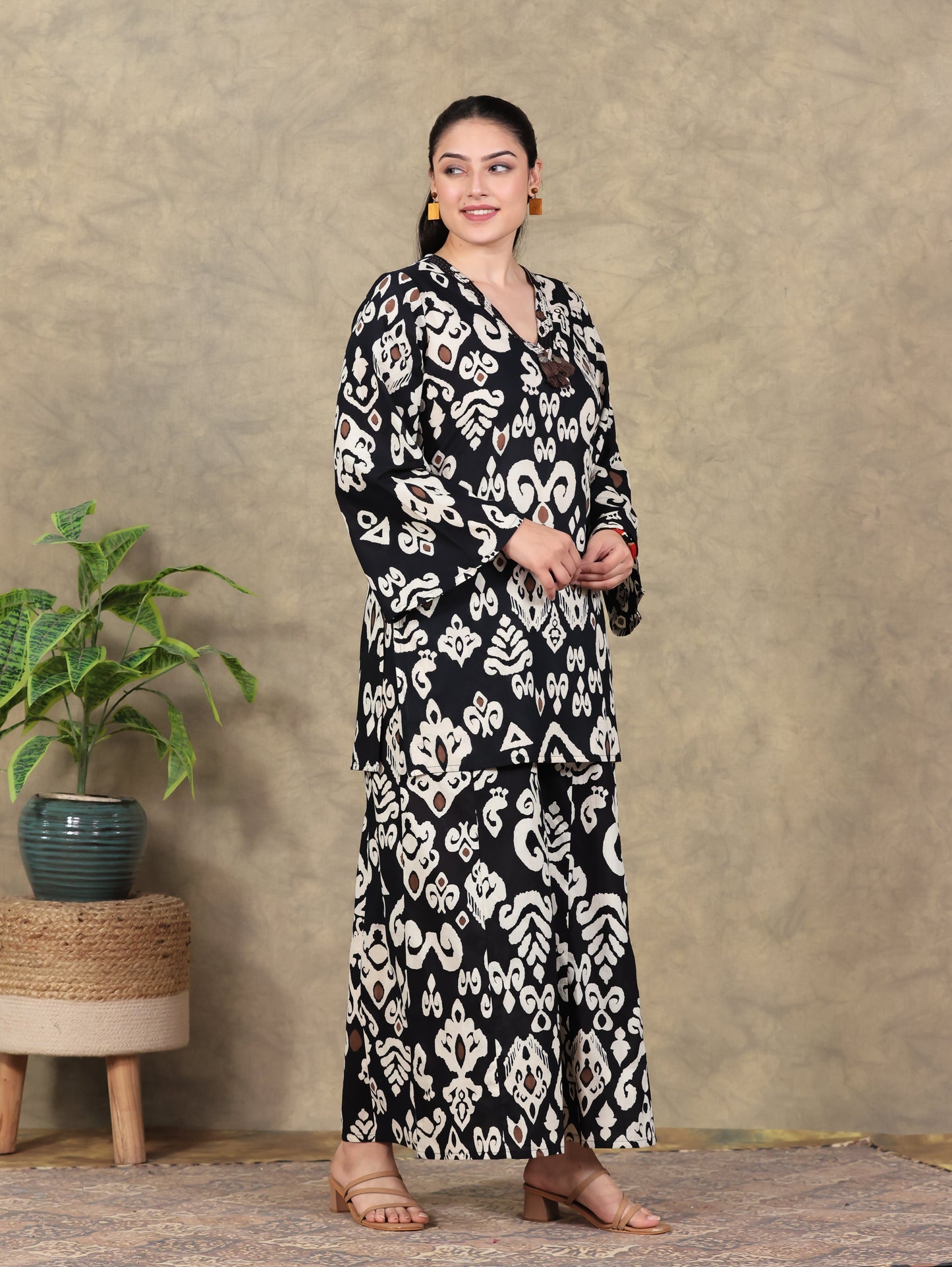Soft Cotton Ikat Straight Black Kurta