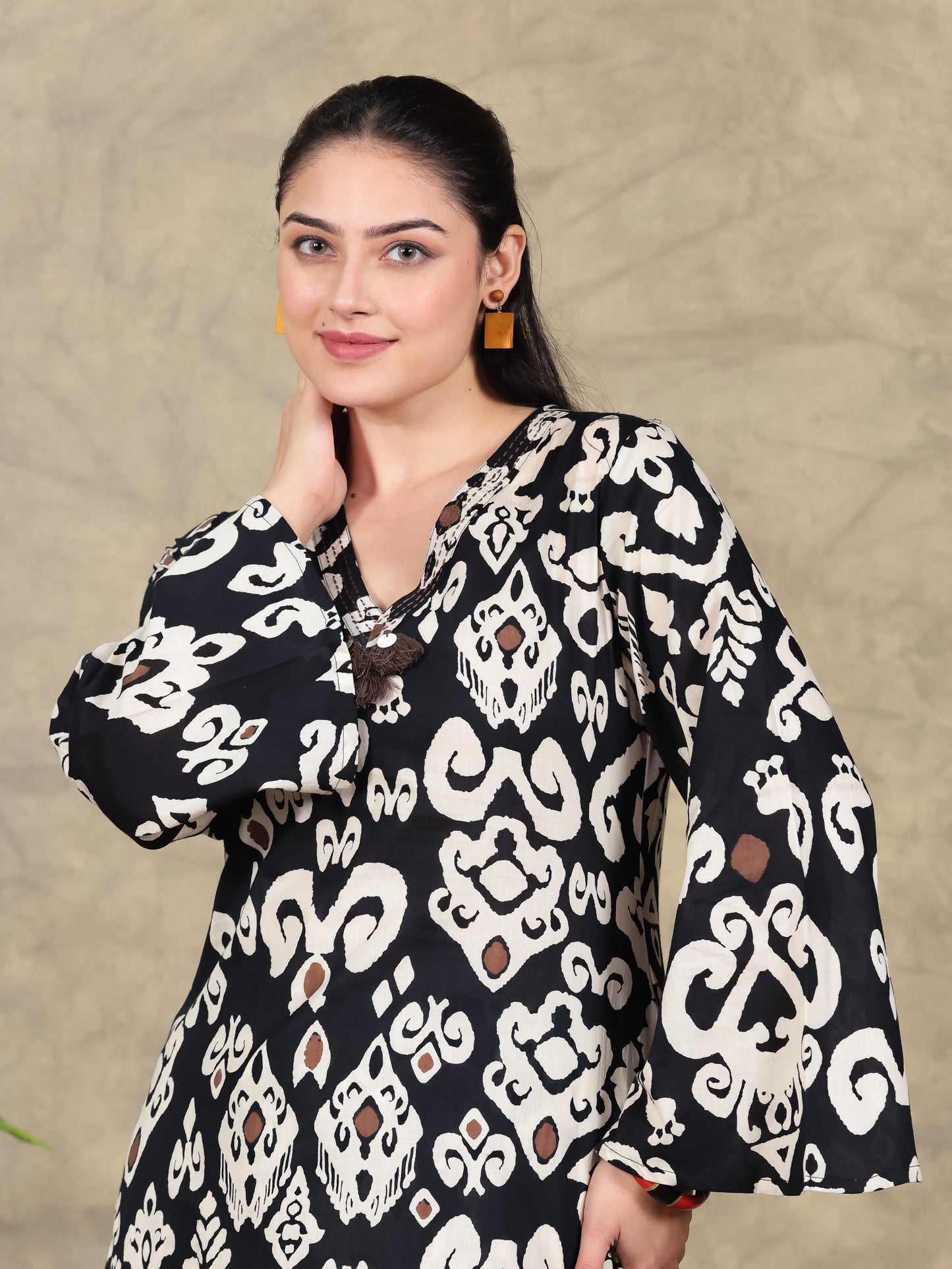 Soft Cotton Ikat Straight Black Kurta