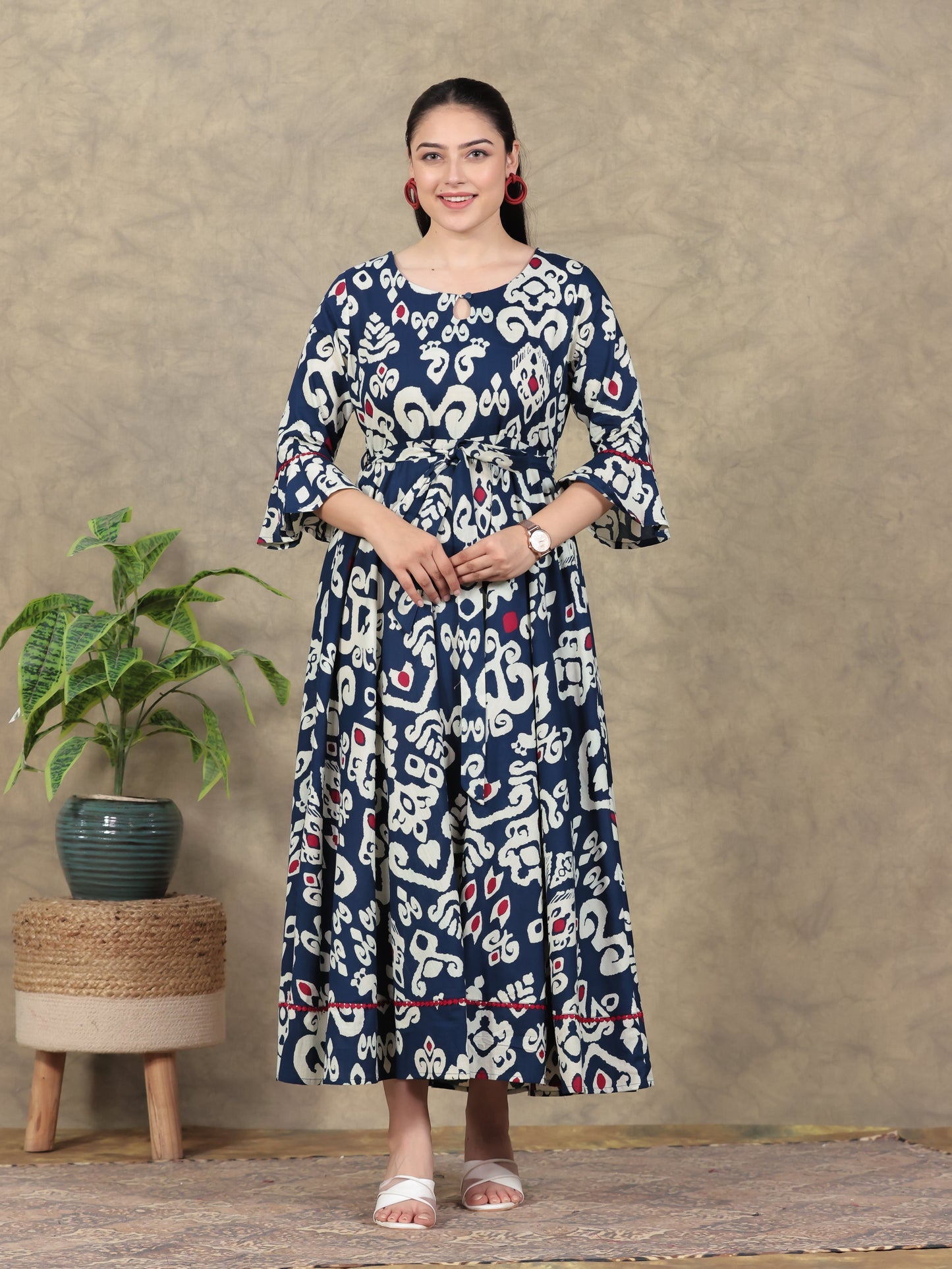 Soft Cotton Ikat Anarkali Navy Blue Dress