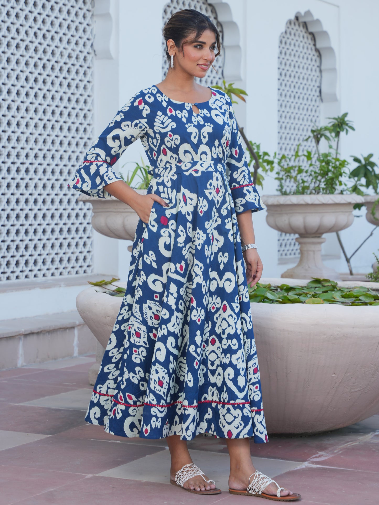 Soft Cotton Ikat Anarkali Navy Blue Dress