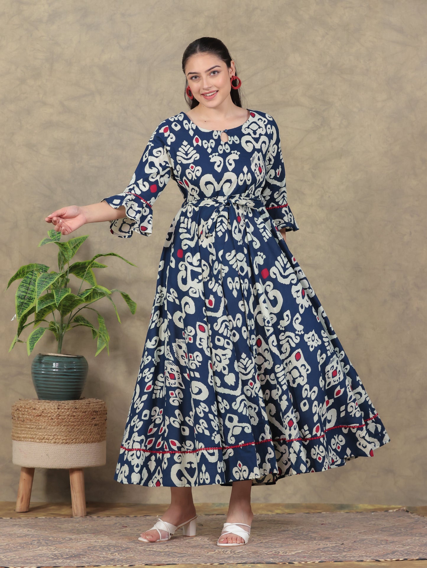 Soft Cotton Ikat Anarkali Navy Blue Dress