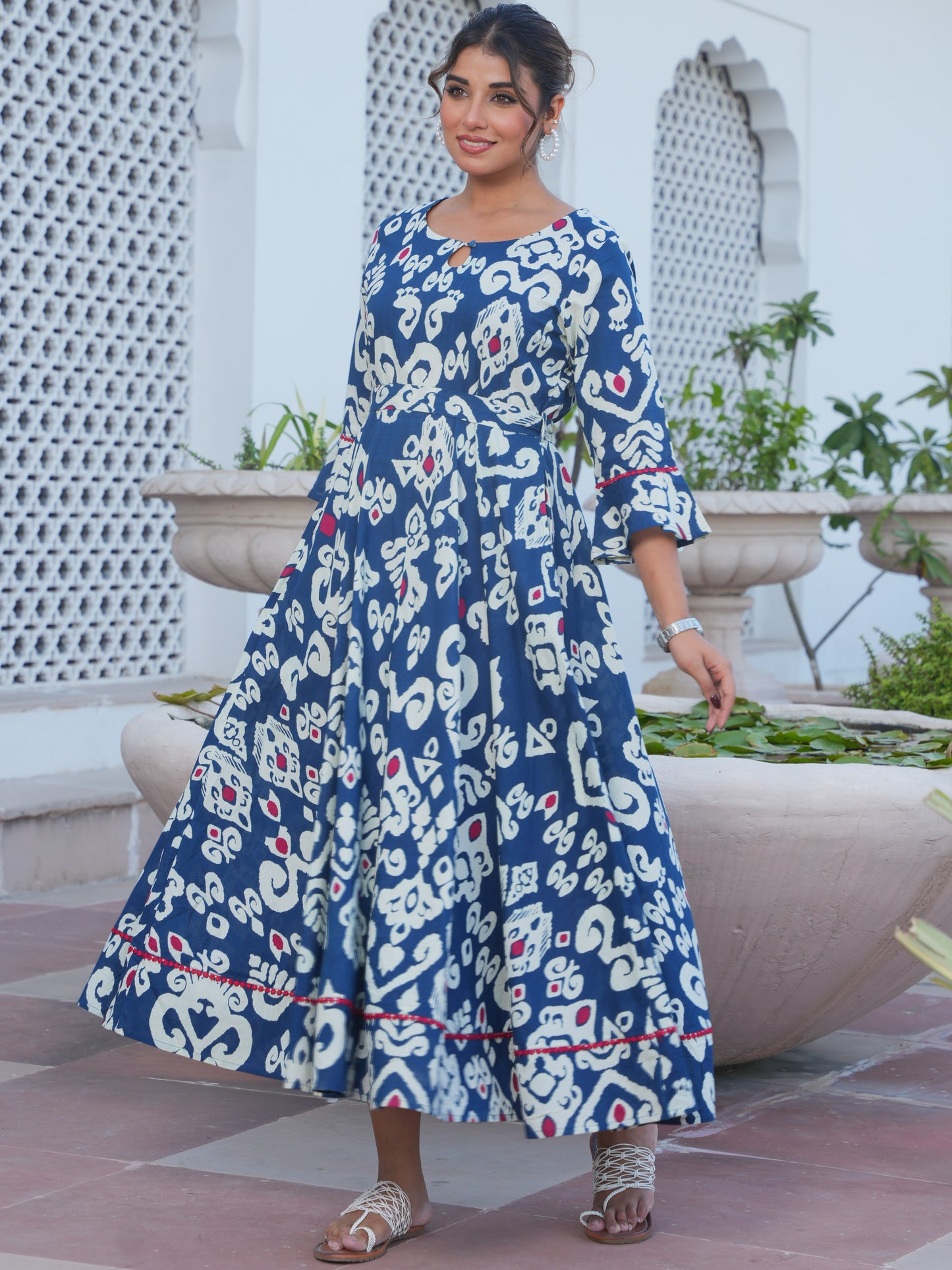 Soft Cotton Ikat Anarkali Navy Blue Dress