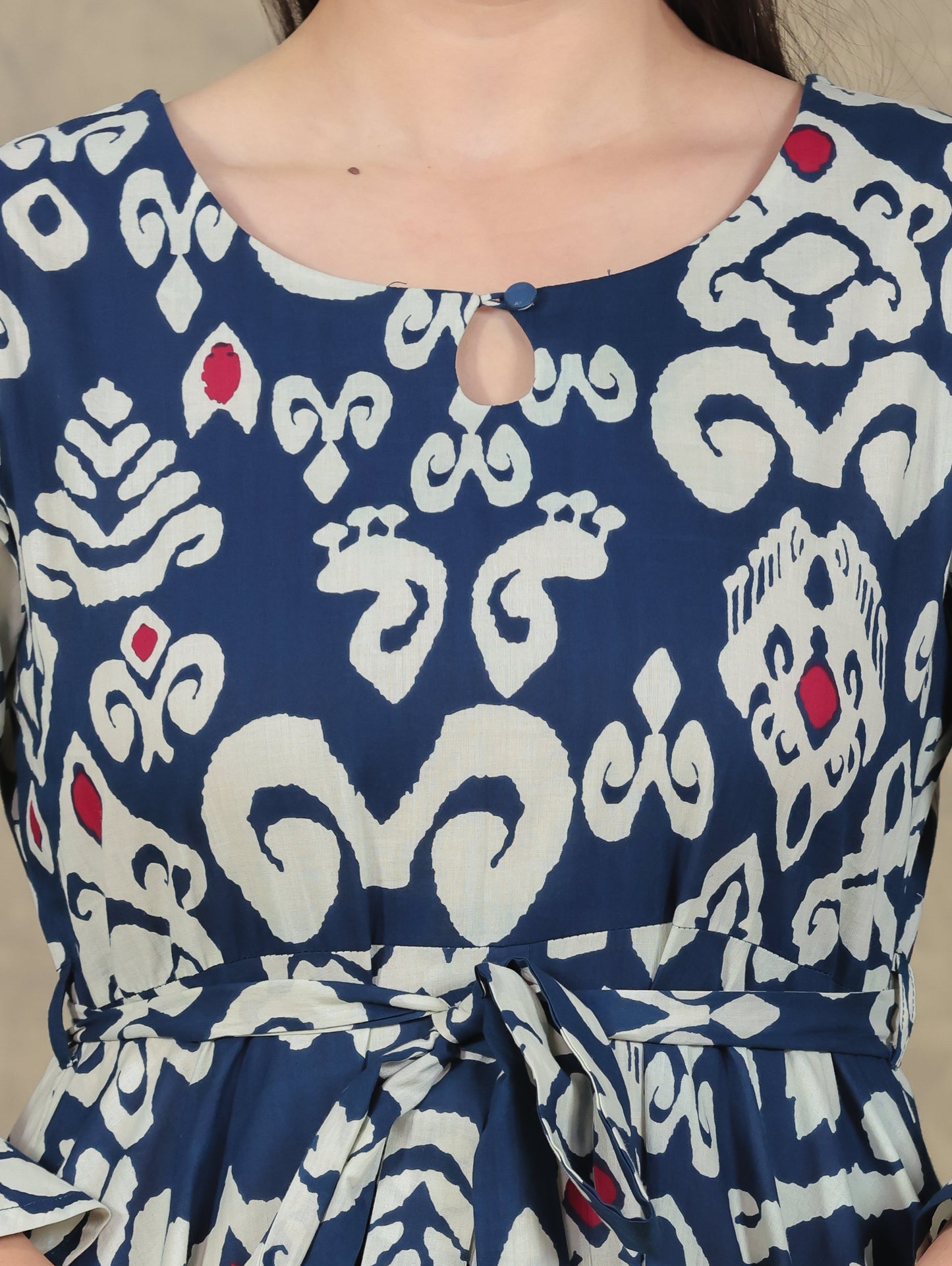 Soft Cotton Ikat Anarkali Navy Blue Dress