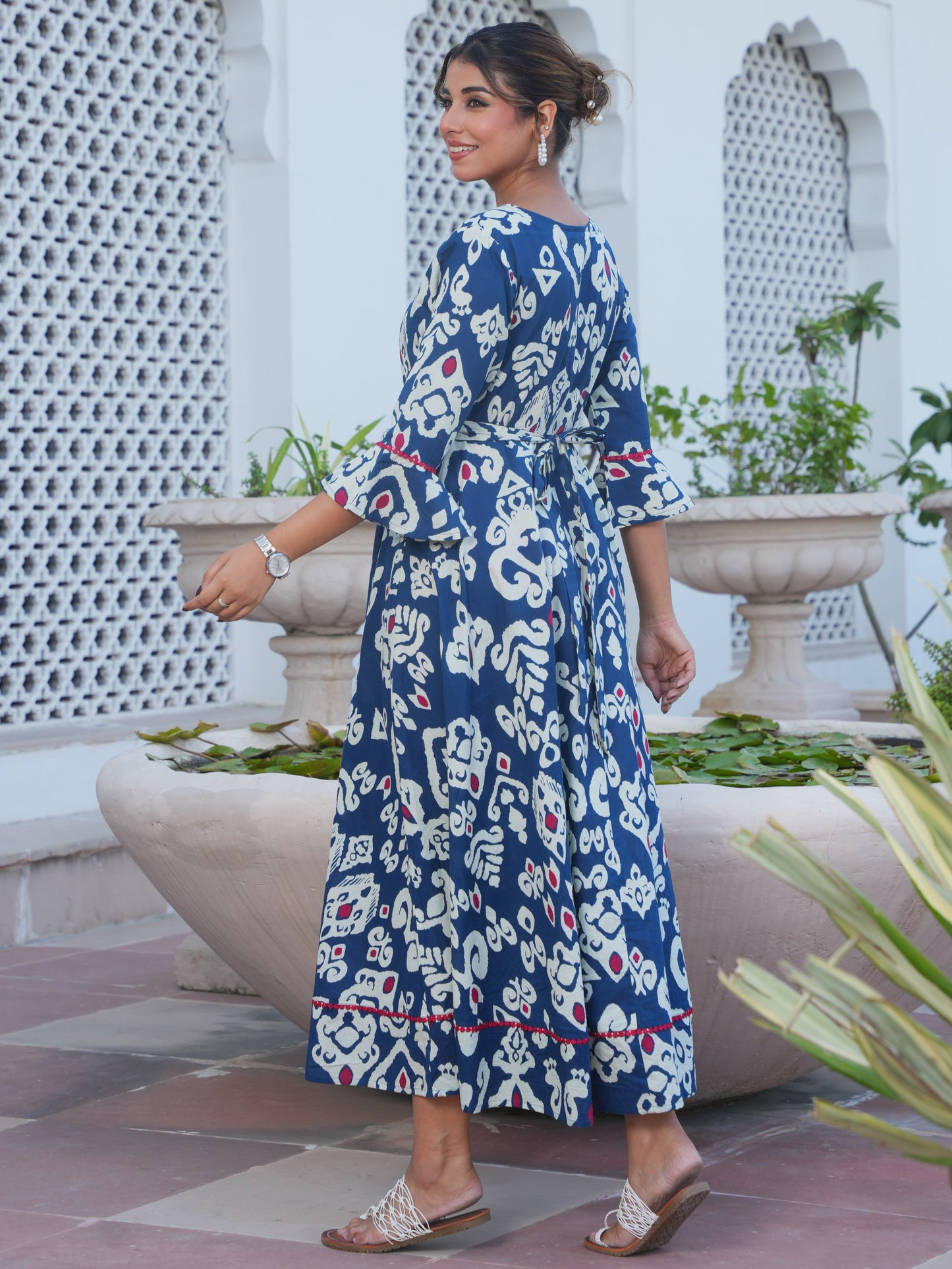 Soft Cotton Ikat Anarkali Navy Blue Dress