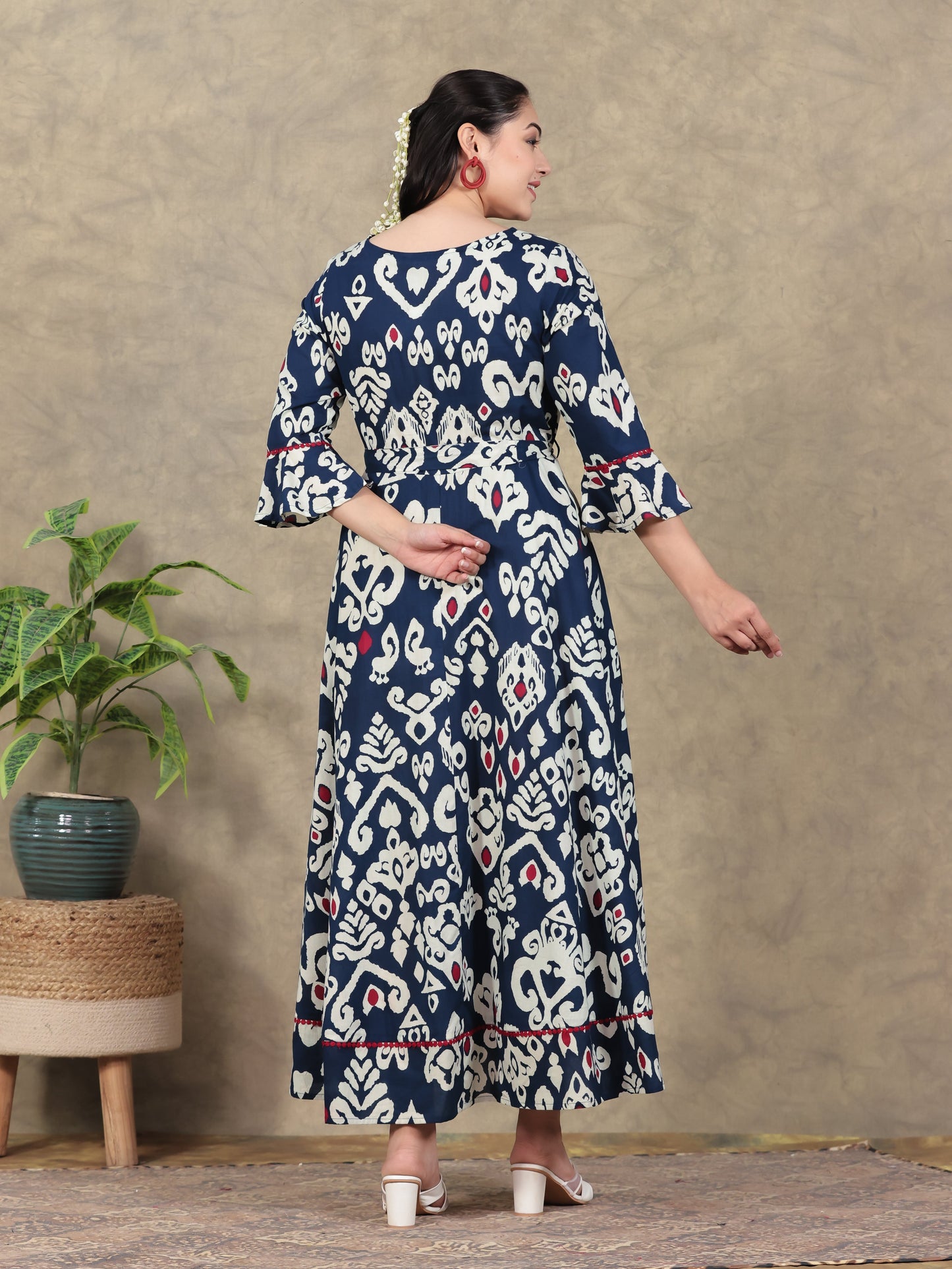 Soft Cotton Ikat Anarkali Navy Blue Dress
