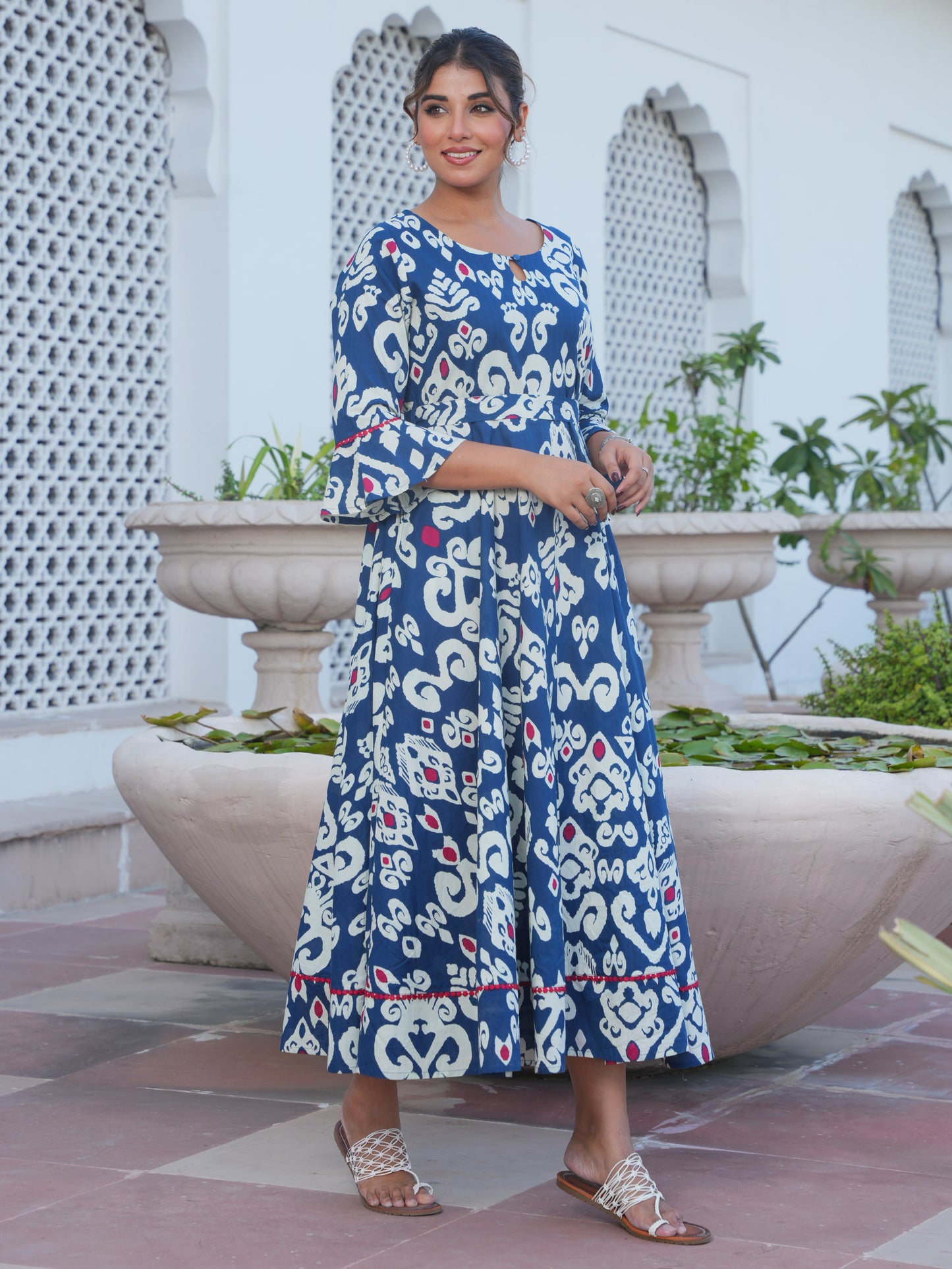 Soft Cotton Ikat Anarkali Navy Blue Dress