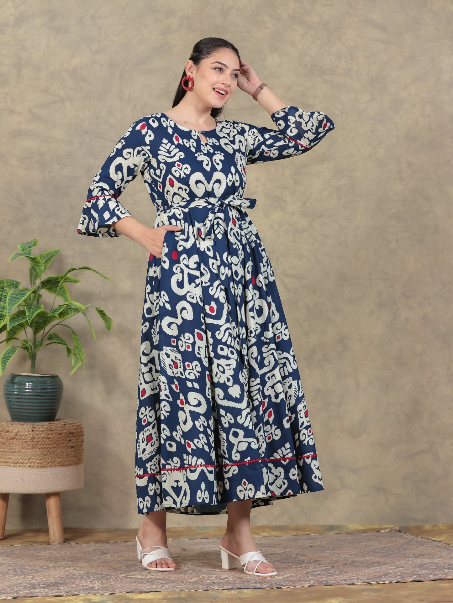 Soft Cotton Ikat Anarkali Navy Blue Dress