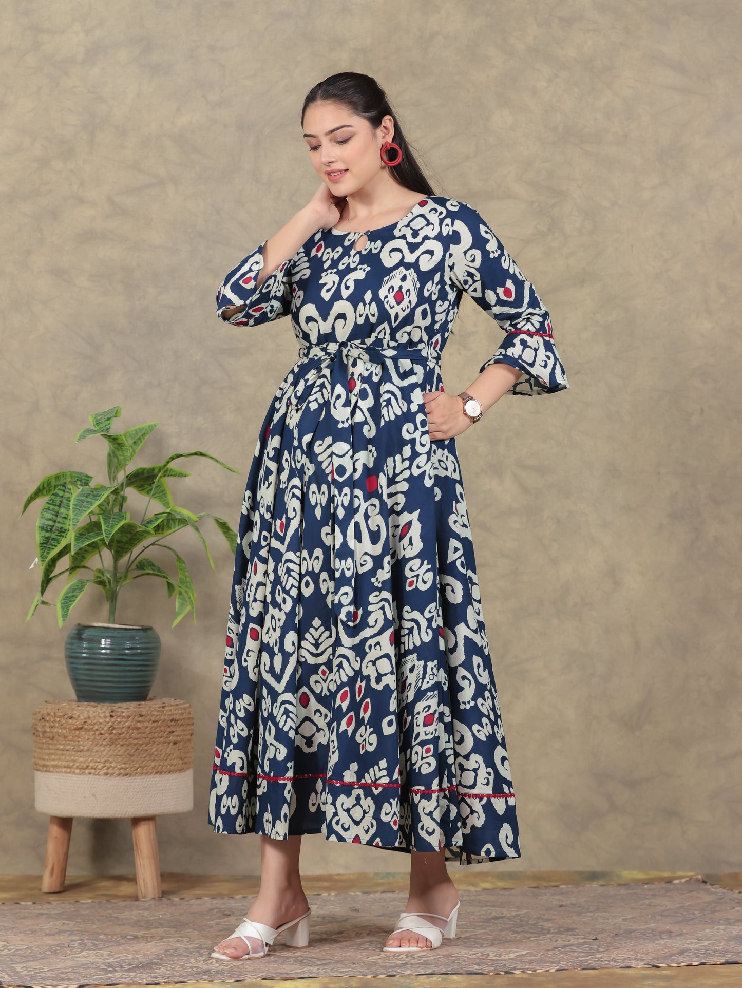 Soft Cotton Ikat Anarkali Navy Blue Dress