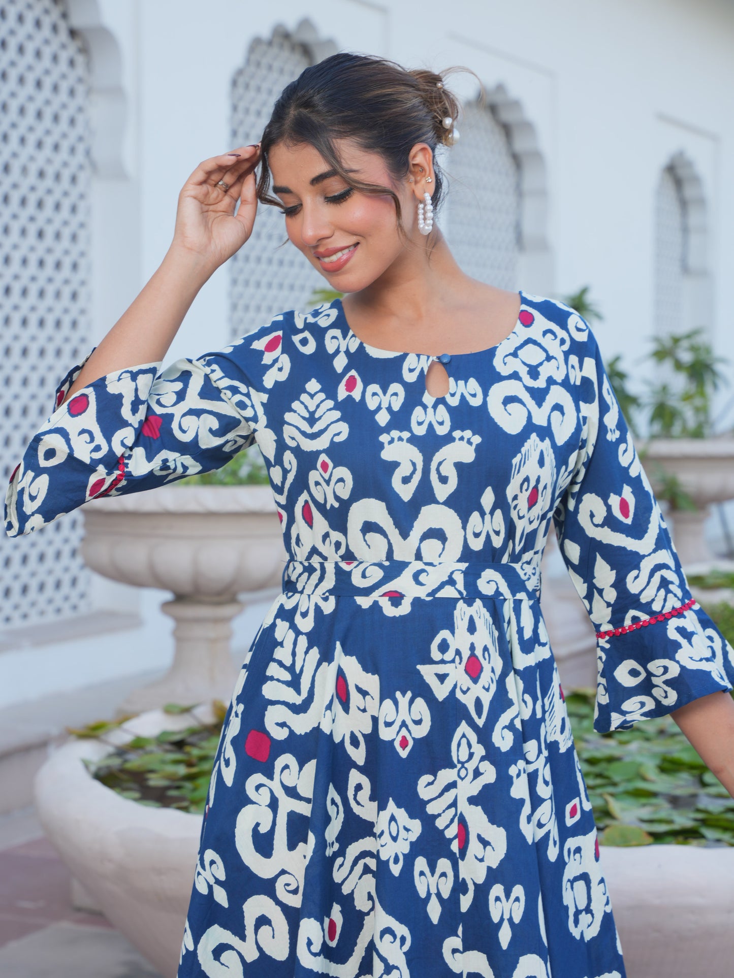 Soft Cotton Ikat Anarkali Navy Blue Dress