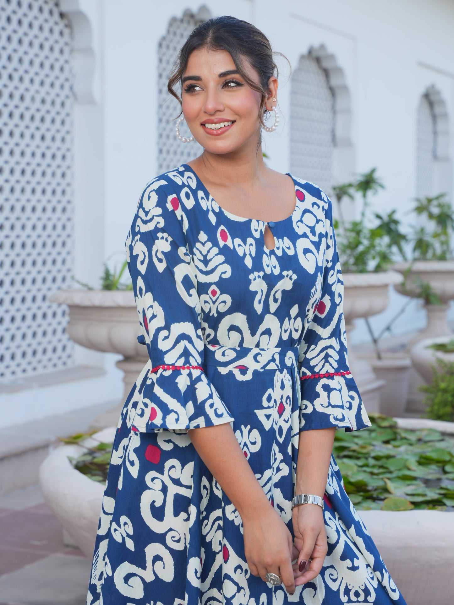Soft Cotton Ikat Anarkali Navy Blue Dress