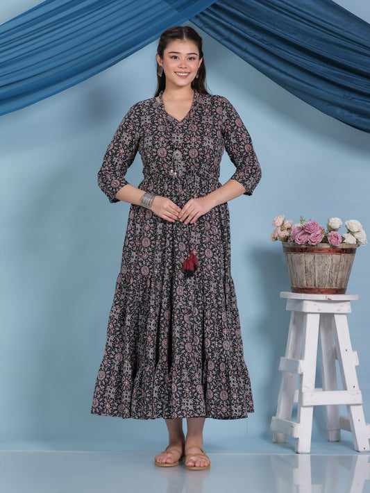 Kantha Cotton Geometric Anarkali Black Dress (With Necklace)