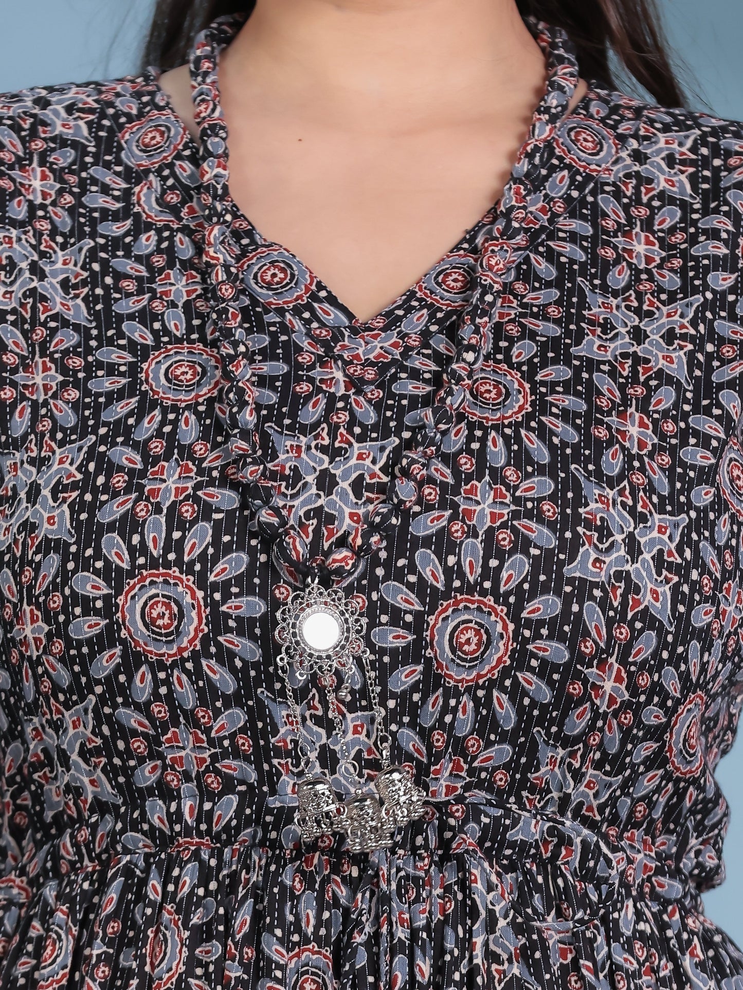 Kantha Cotton Geometric Anarkali Black Dress (With Necklace)