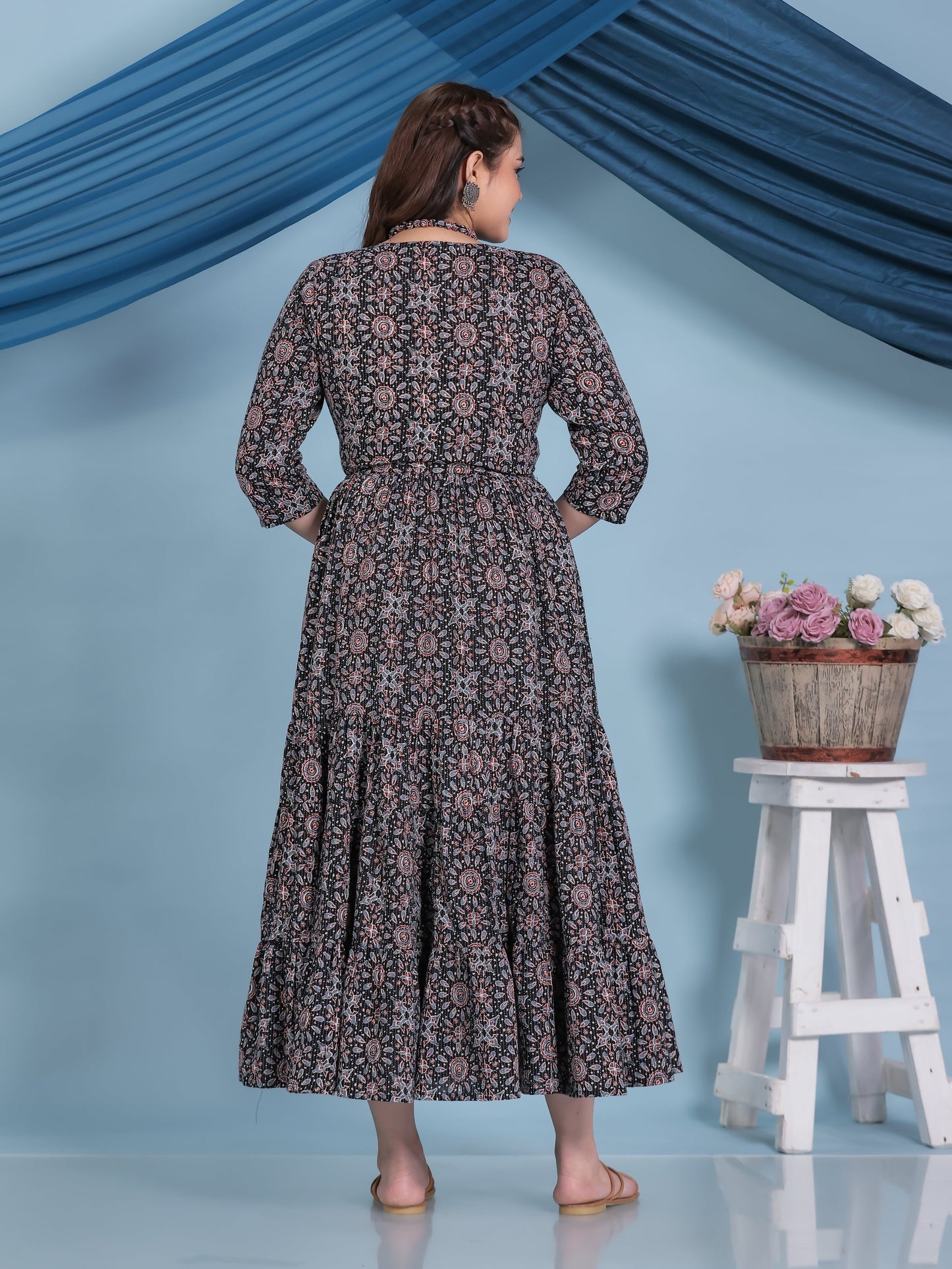 Kantha Cotton Geometric Anarkali Black Dress (With Necklace)
