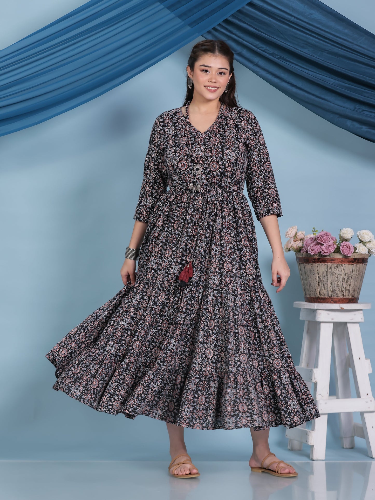 Kantha Cotton Geometric Anarkali Black Dress (With Necklace)