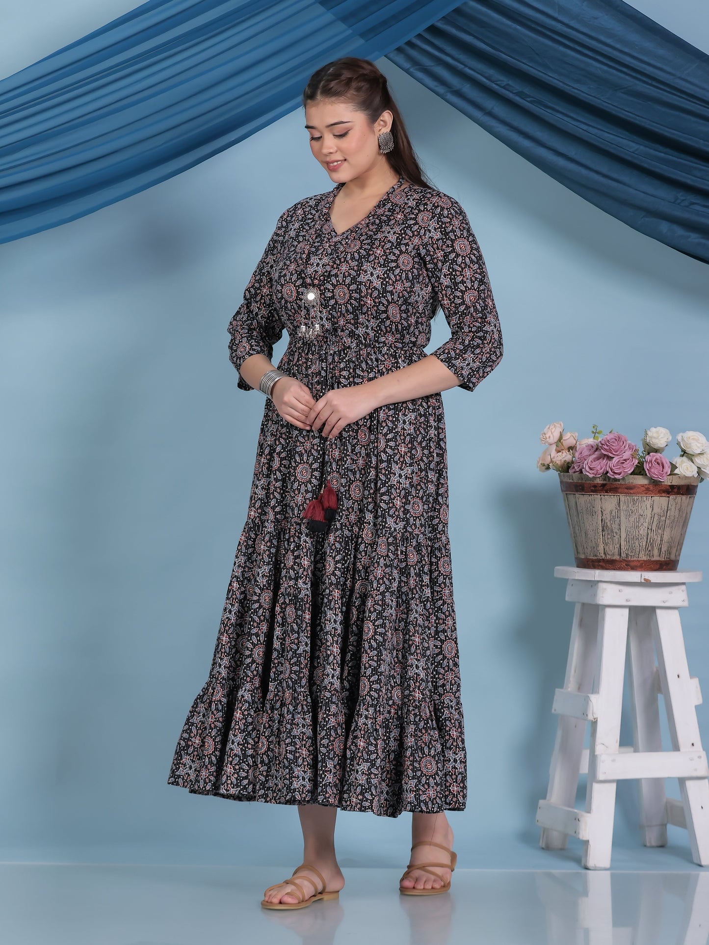 Kantha Cotton Geometric Anarkali Black Dress (With Necklace)