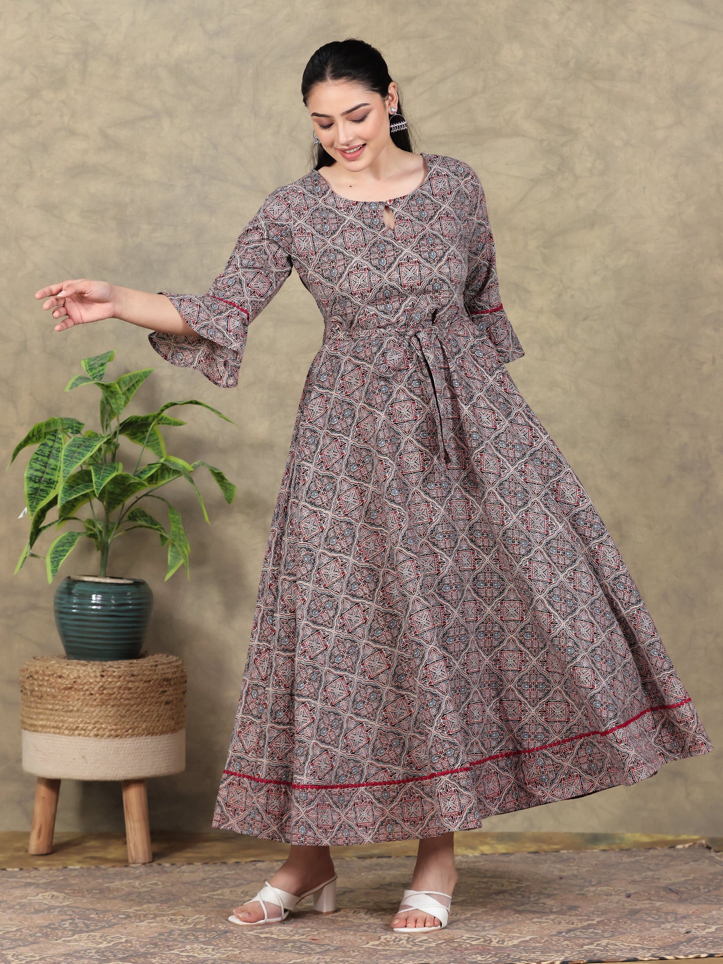 Kantha Cotton Ajrakh Anarkali Rust Dress