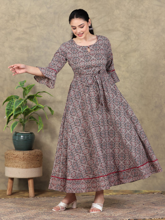 Kantha Cotton Ajrakh Anarkali Rust Dress