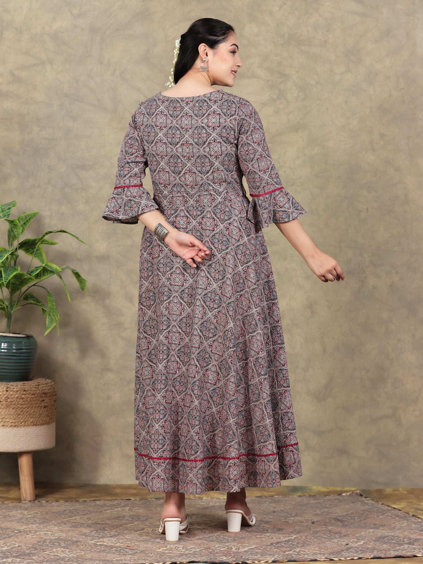 Kantha Cotton Ajrakh Anarkali Rust Dress